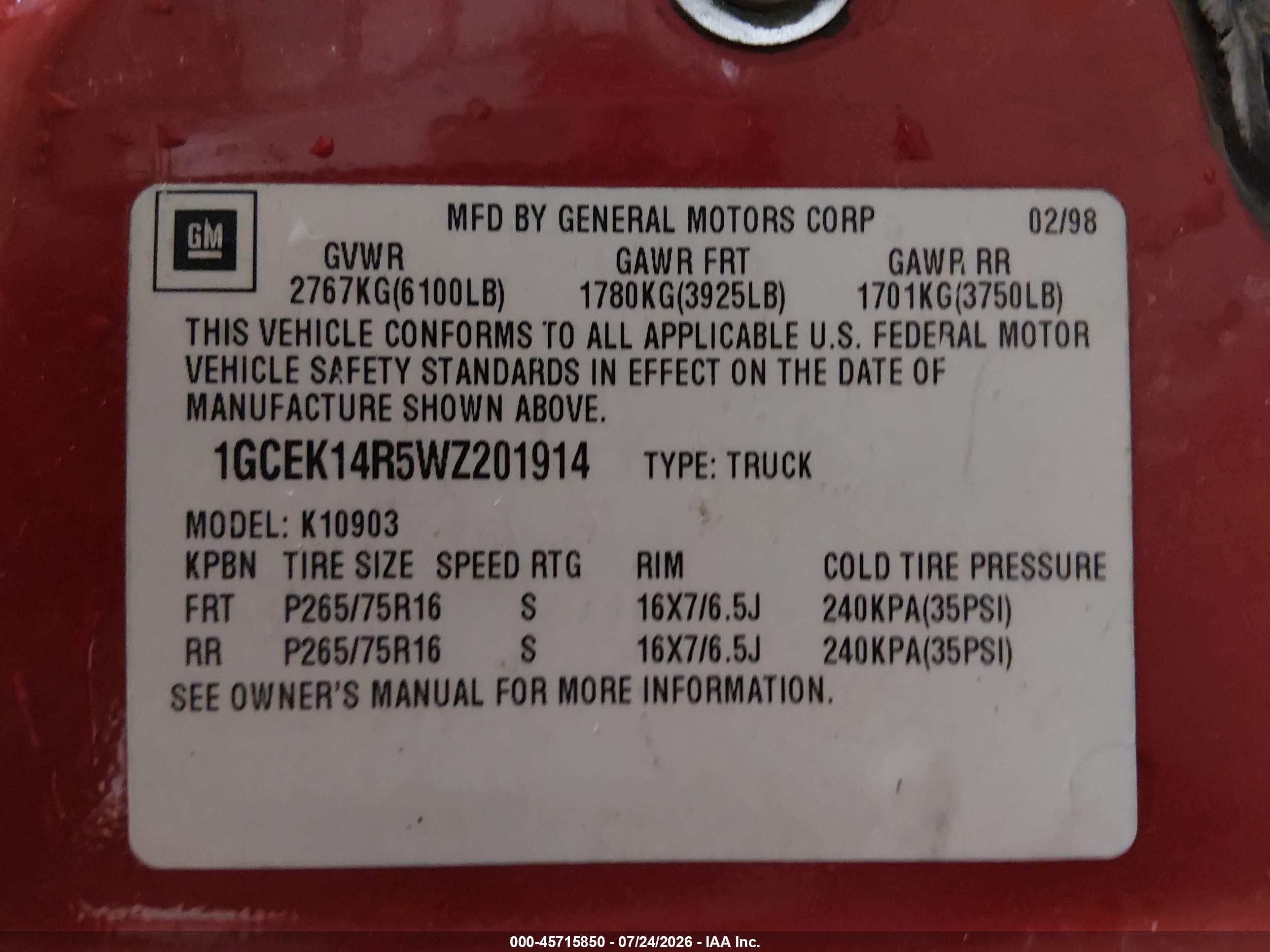 1998 Chevrolet C/k 1500 Fleetside Red vin: 1GCEK14R5WZ201914
