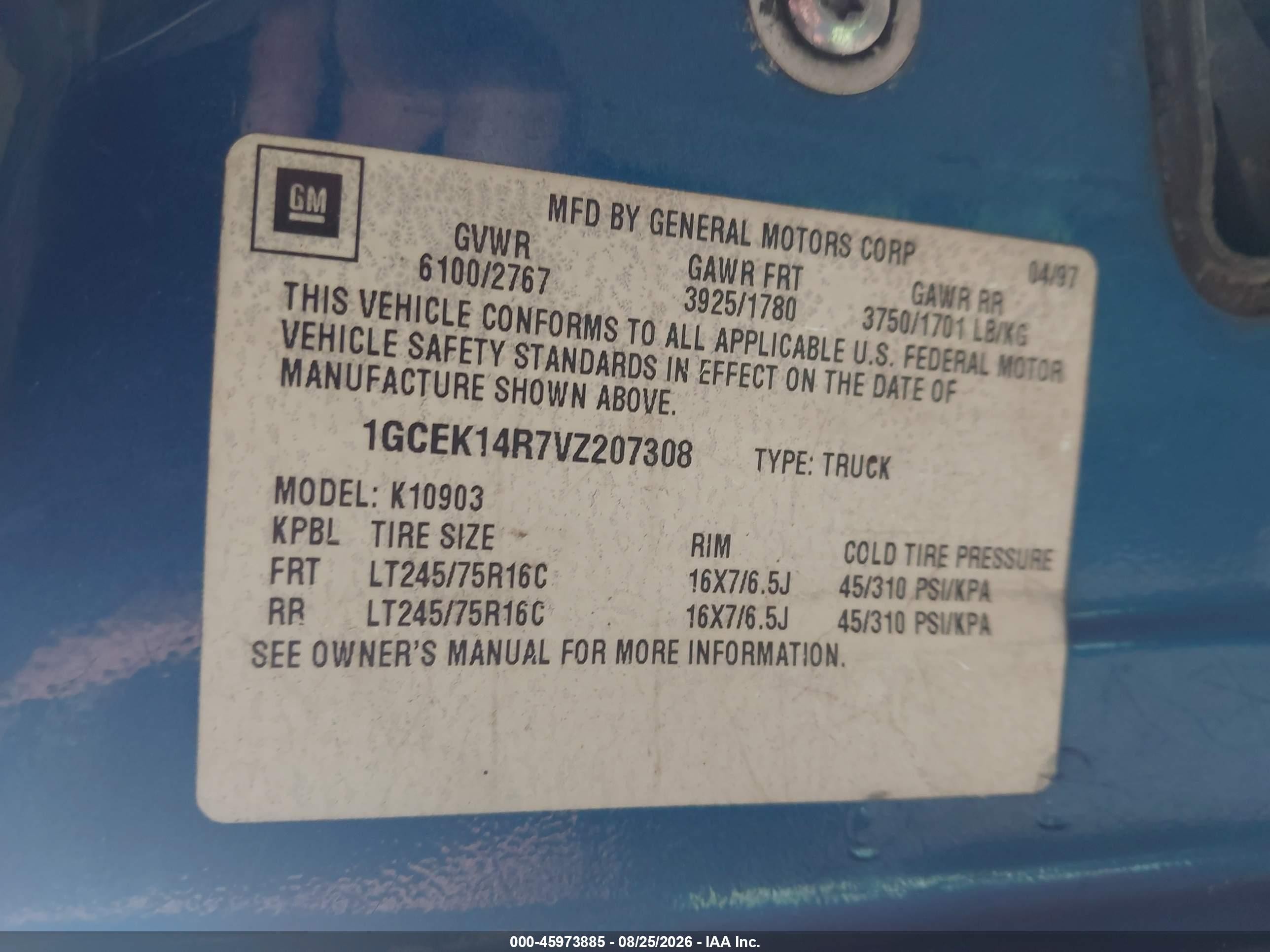 1997 Chevrolet K1500 Fleetside Синий vin: 1GCEK14R7VZ207308
