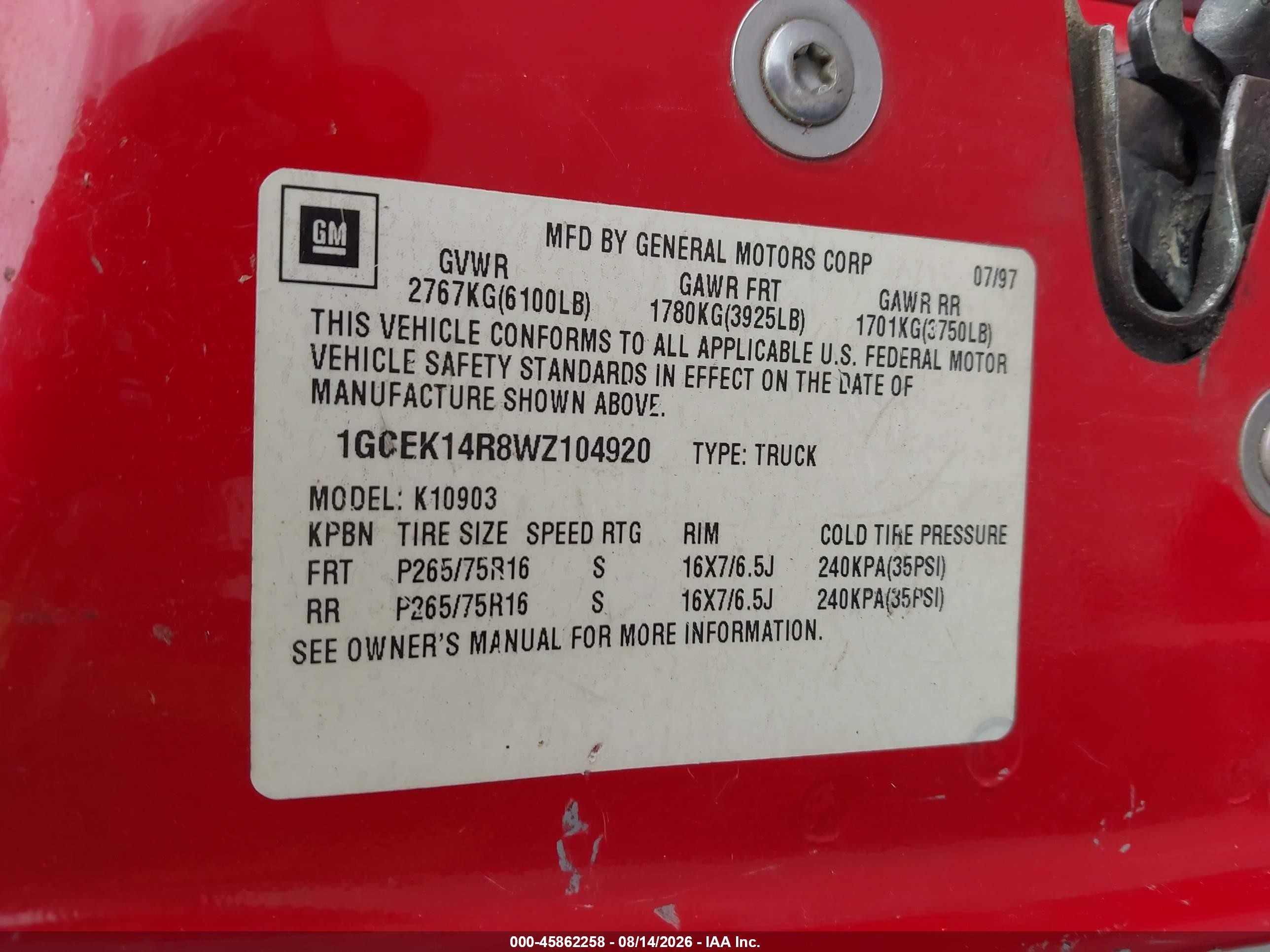 1998 Chevrolet C/k 1500 Fleetside Red vin: 1GCEK14R8WZ104920