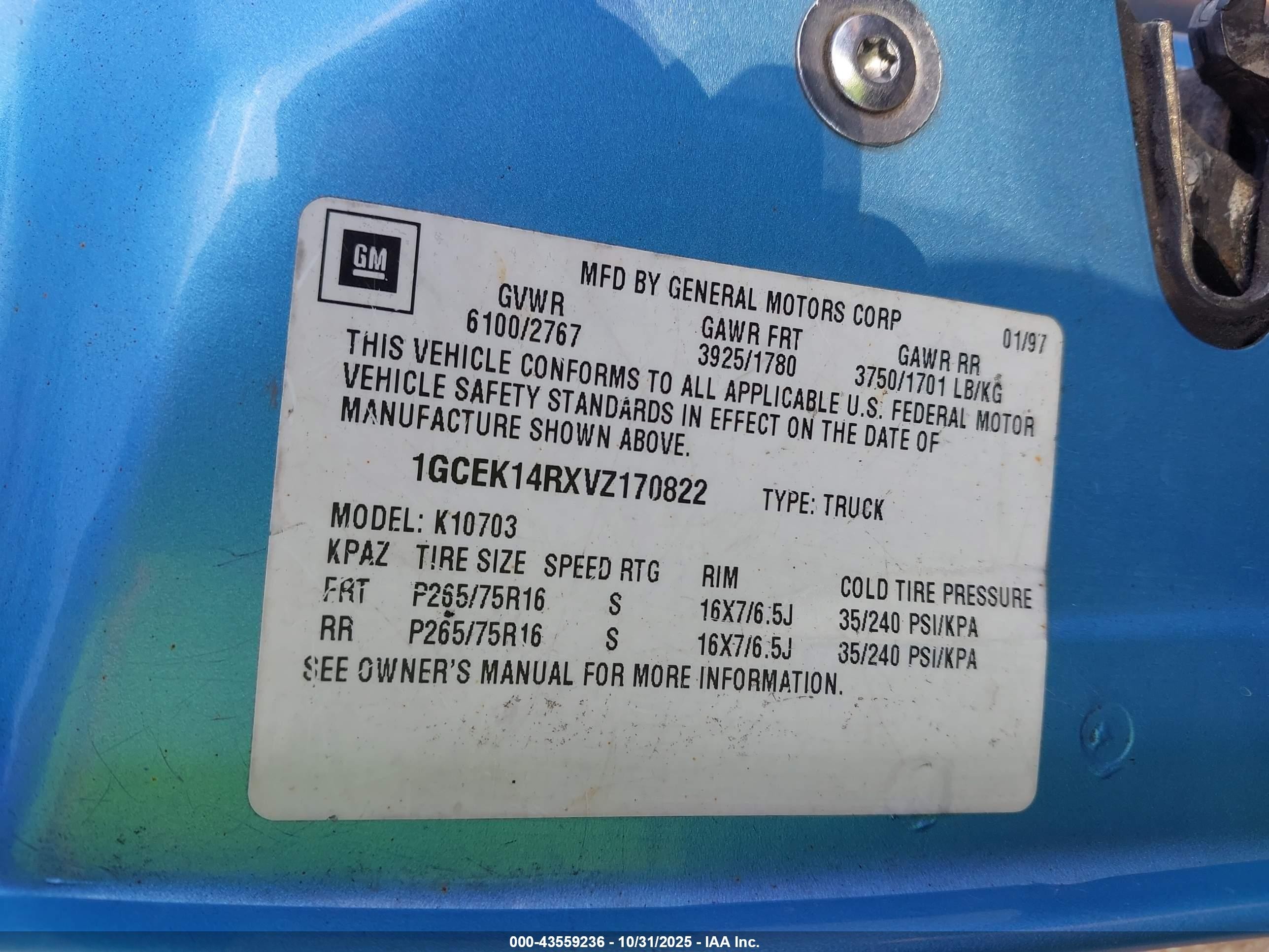 1997 Chevrolet K1500 Fleetside Blue vin: 1GCEK14RXVZ170822