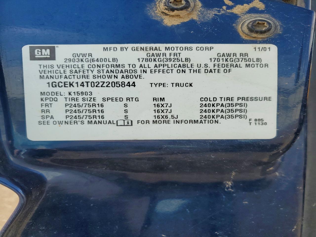 2002 Chevrolet Silverado K1500 Blue vin: 1GCEK14T02Z205844