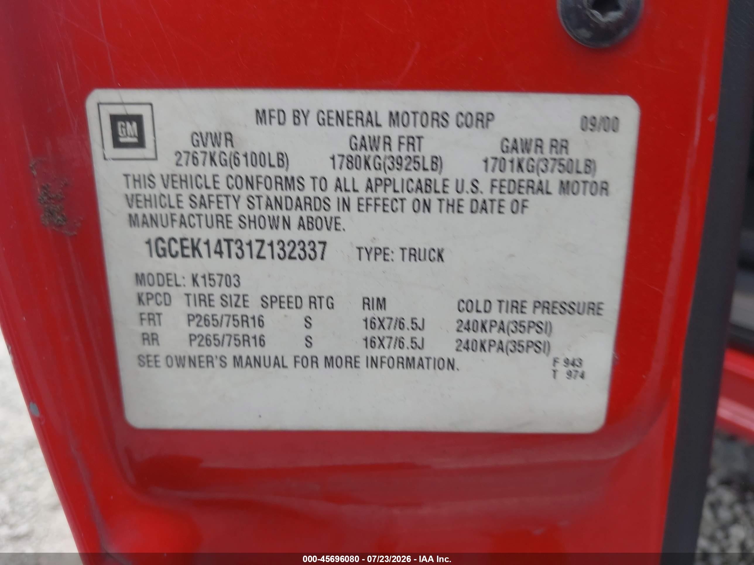 2001 Chevrolet Silverado 1500 Ls Red vin: 1GCEK14T31Z132337