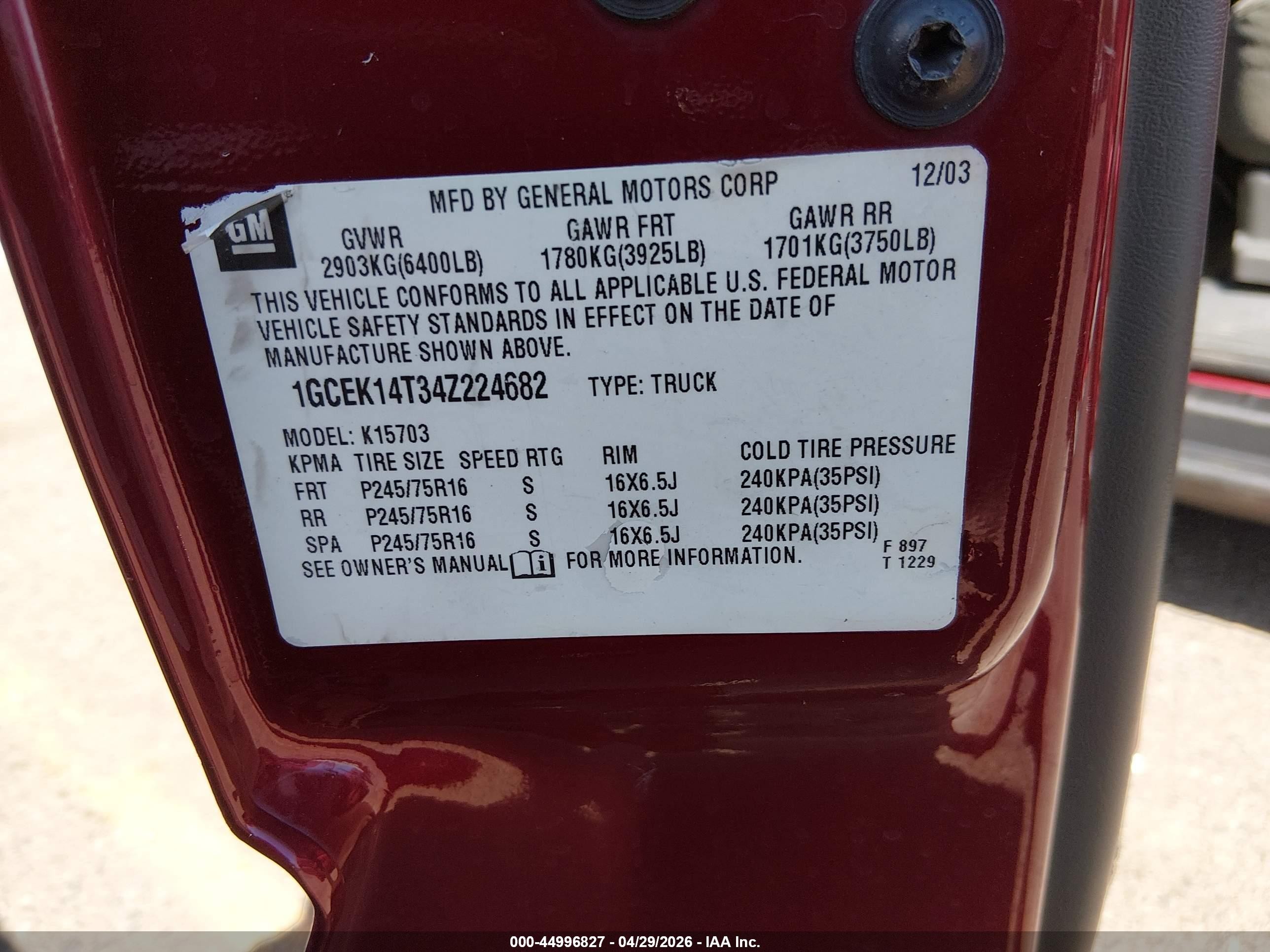 2004 Chevrolet Silverado 1500 Ls Burgundy vin: 1GCEK14T34Z224682