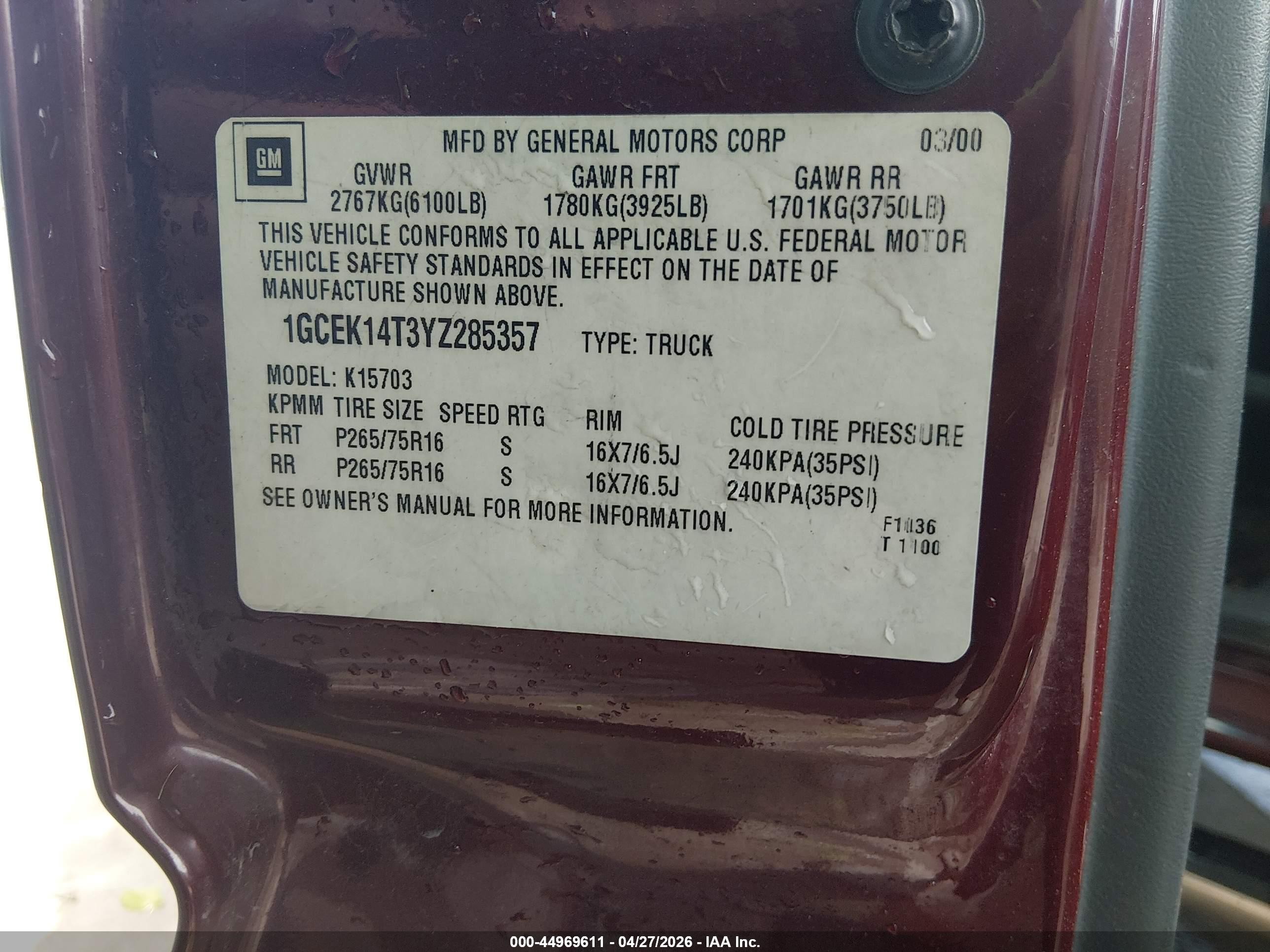 2000 Chevrolet Silverado 1500 Ls Red vin: 1GCEK14T3YZ285357