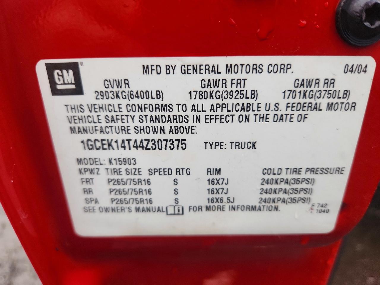 2004 Chevrolet Silverado K1500 Red vin: 1GCEK14T44Z307375