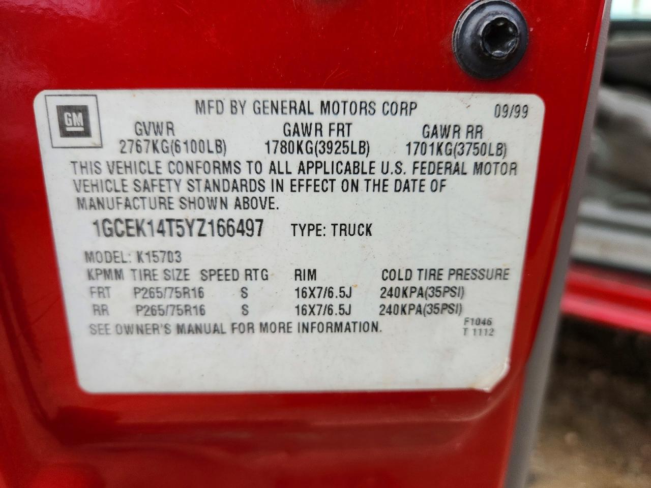 2000 Chevrolet Silverado K1500 Red vin: 1GCEK14T5YZ166497