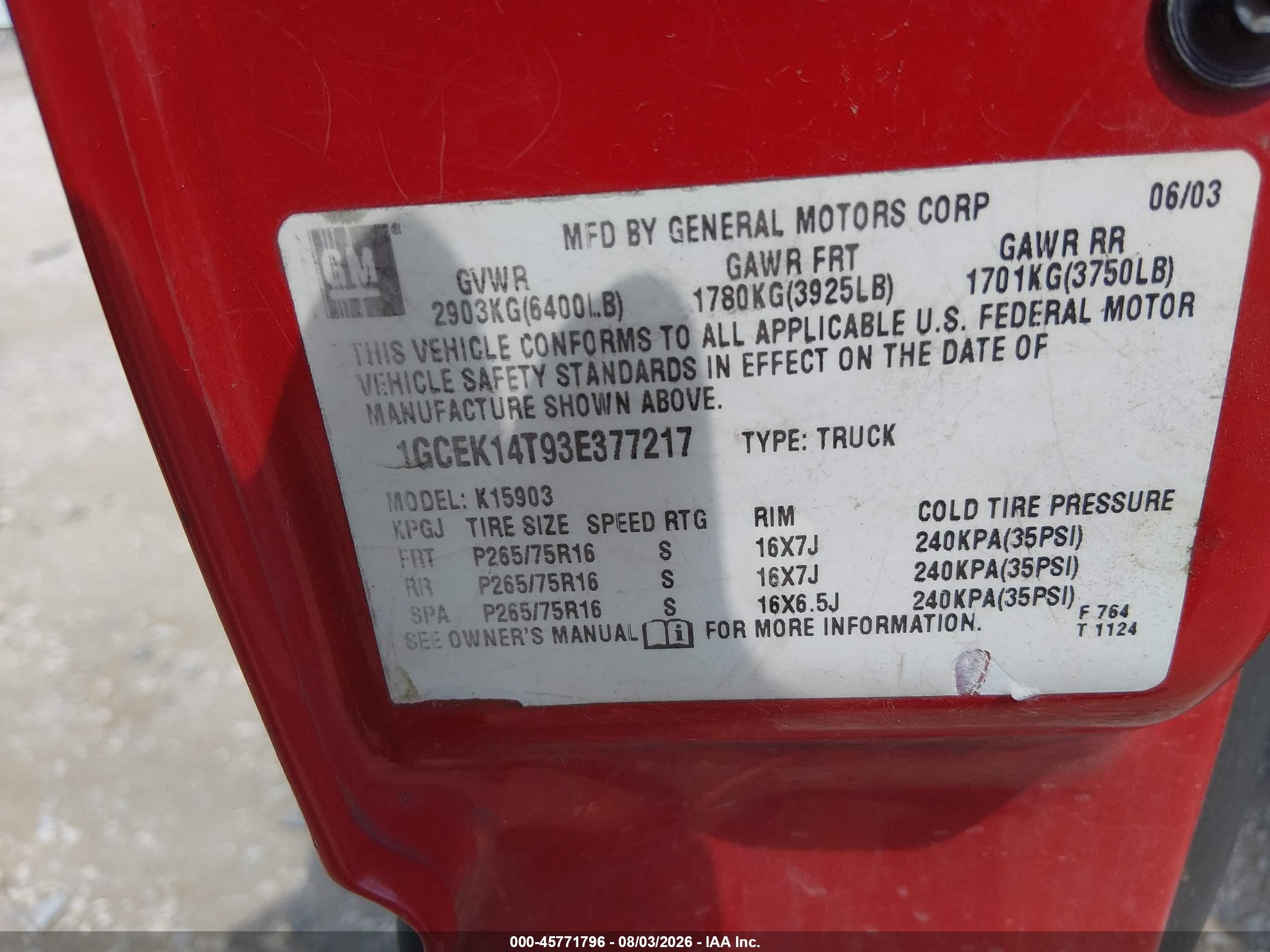 2003 Chevrolet Silverado 1500 Ls Red vin: 1GCEK14T93E377217