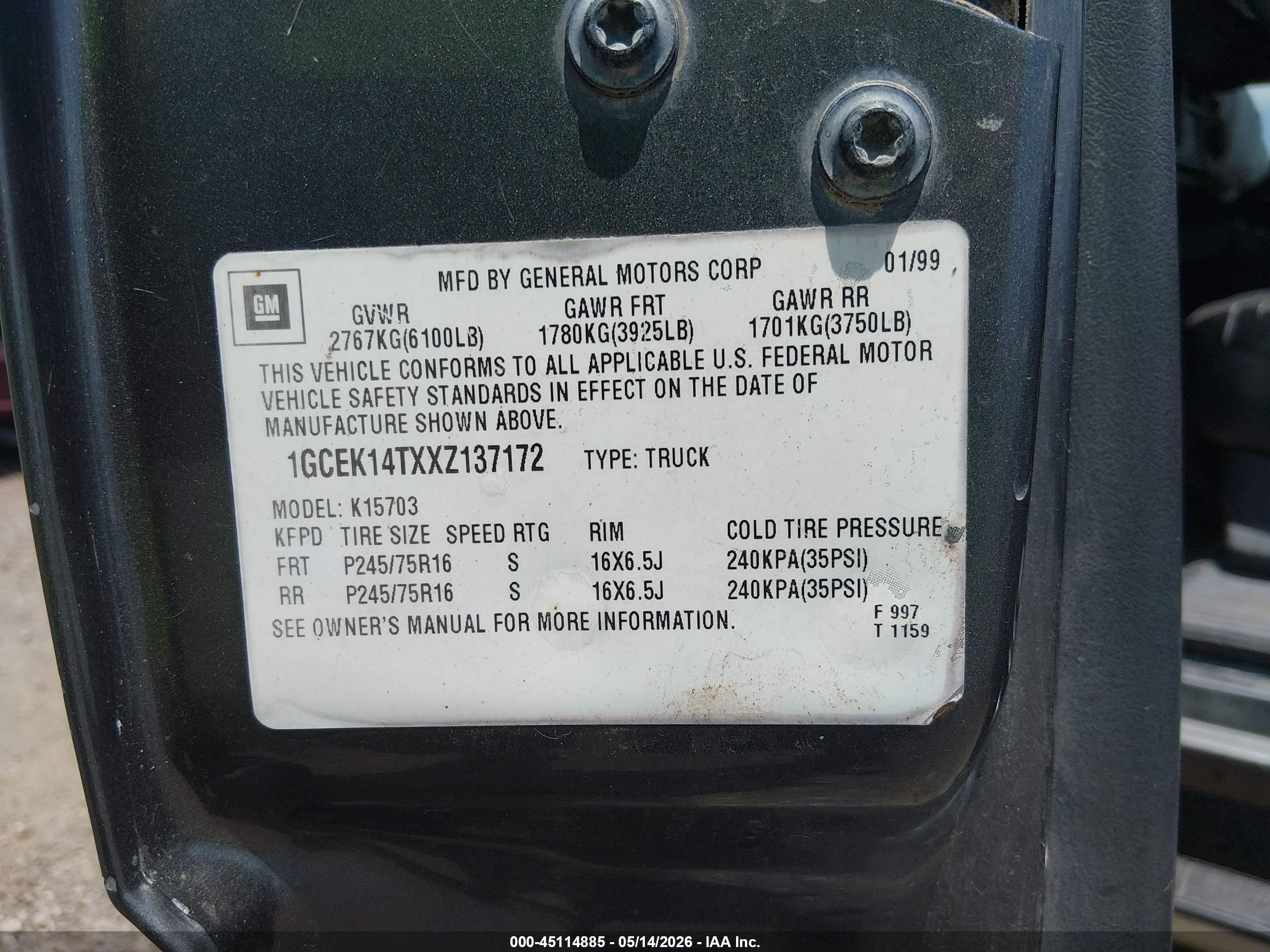 1999 Chevrolet Silverado 1500   Gray vin: 1GCEK14TXXZ137172