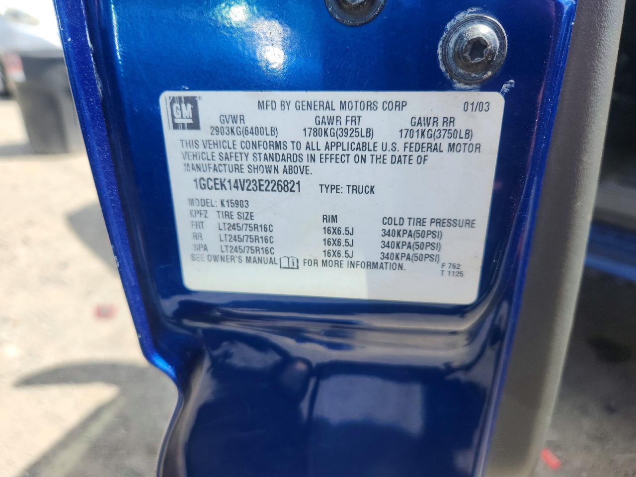 2003 Chevrolet Silverado K1500 Blue vin: 1GCEK14V23E226821