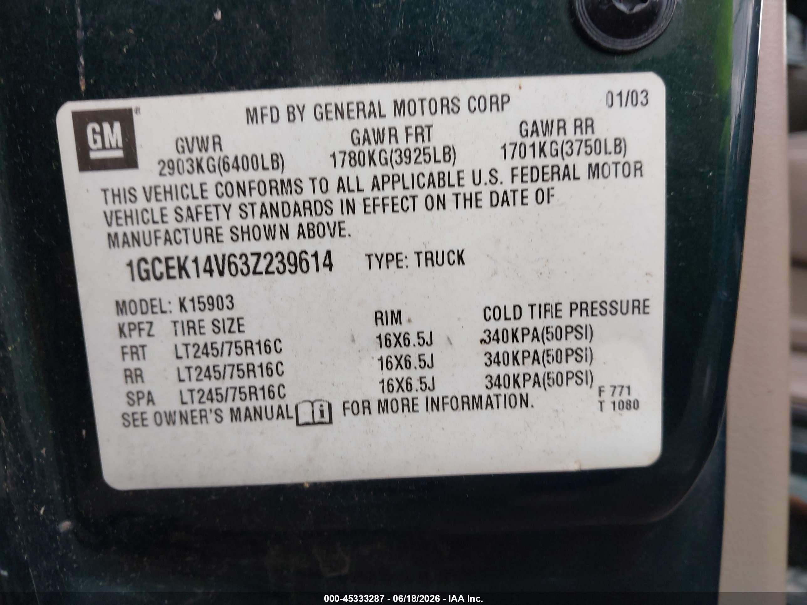 2003 Chevrolet Silverado 1500 Work Truck Green vin: 1GCEK14V63Z239614