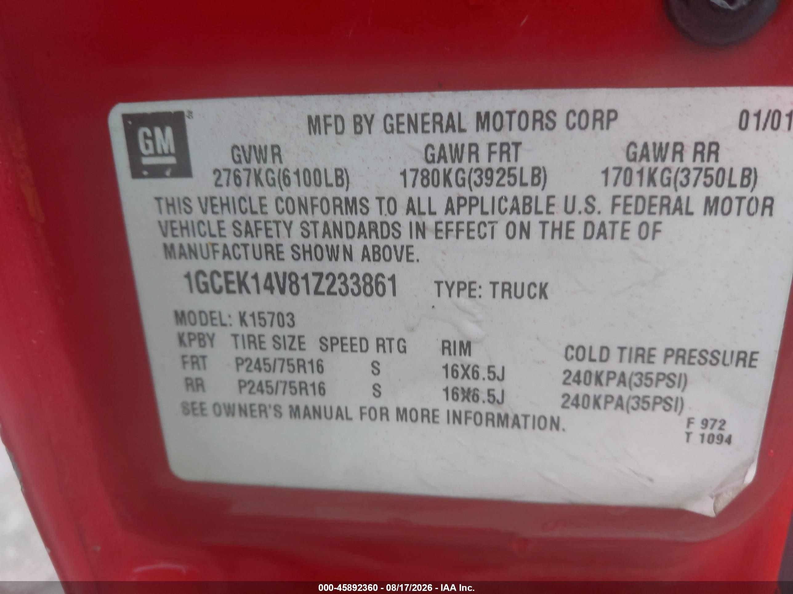 2001 Chevrolet Silverado 1500   Red vin: 1GCEK14V81Z233861