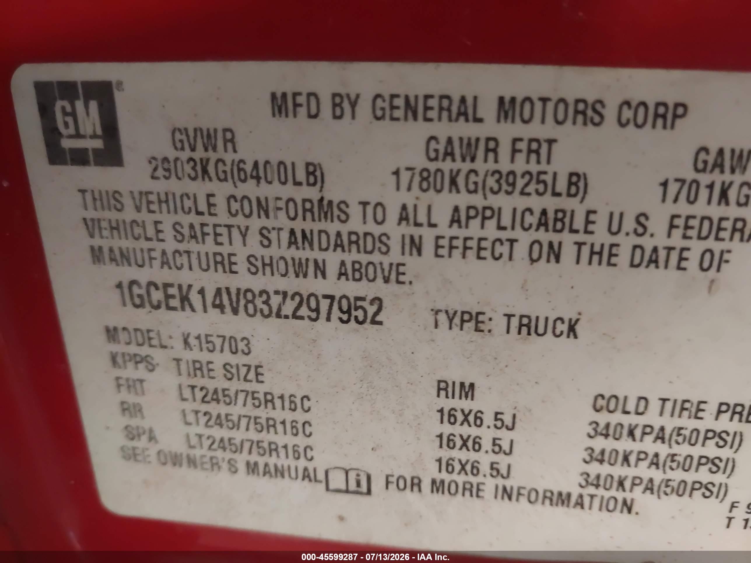 2003 Chevrolet Silverado 1500   Red vin: 1GCEK14V83Z297952