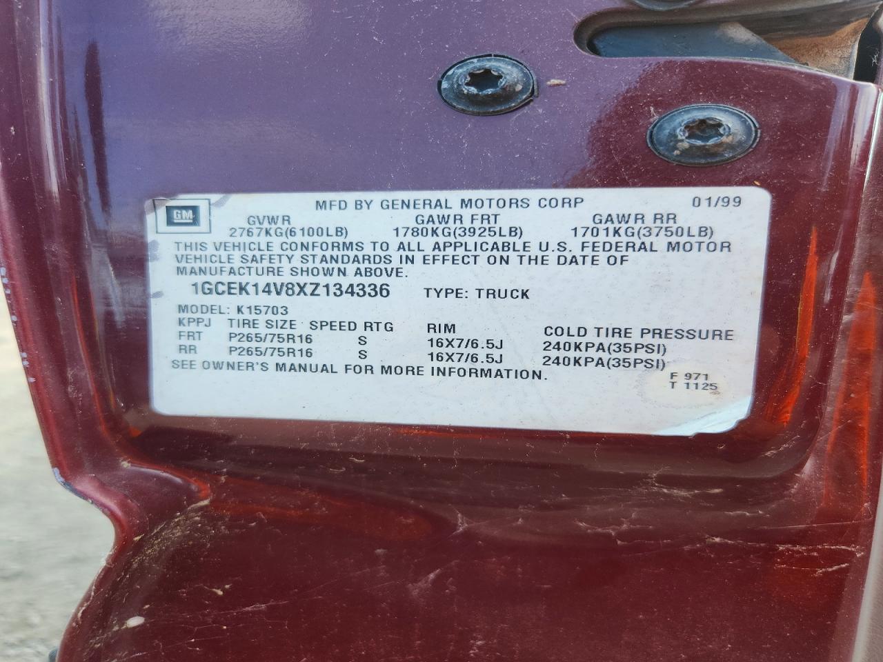 1999 Chevrolet Silverado K1500 Burgundy vin: 1GCEK14V8XZ134336
