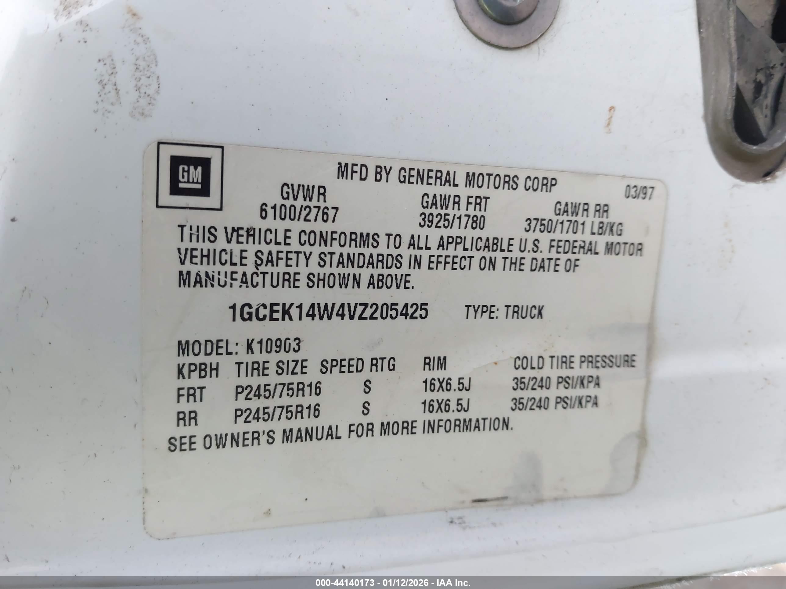 1997 Chevrolet K1500 Fleetside W/t White vin: 1GCEK14W4VZ205425