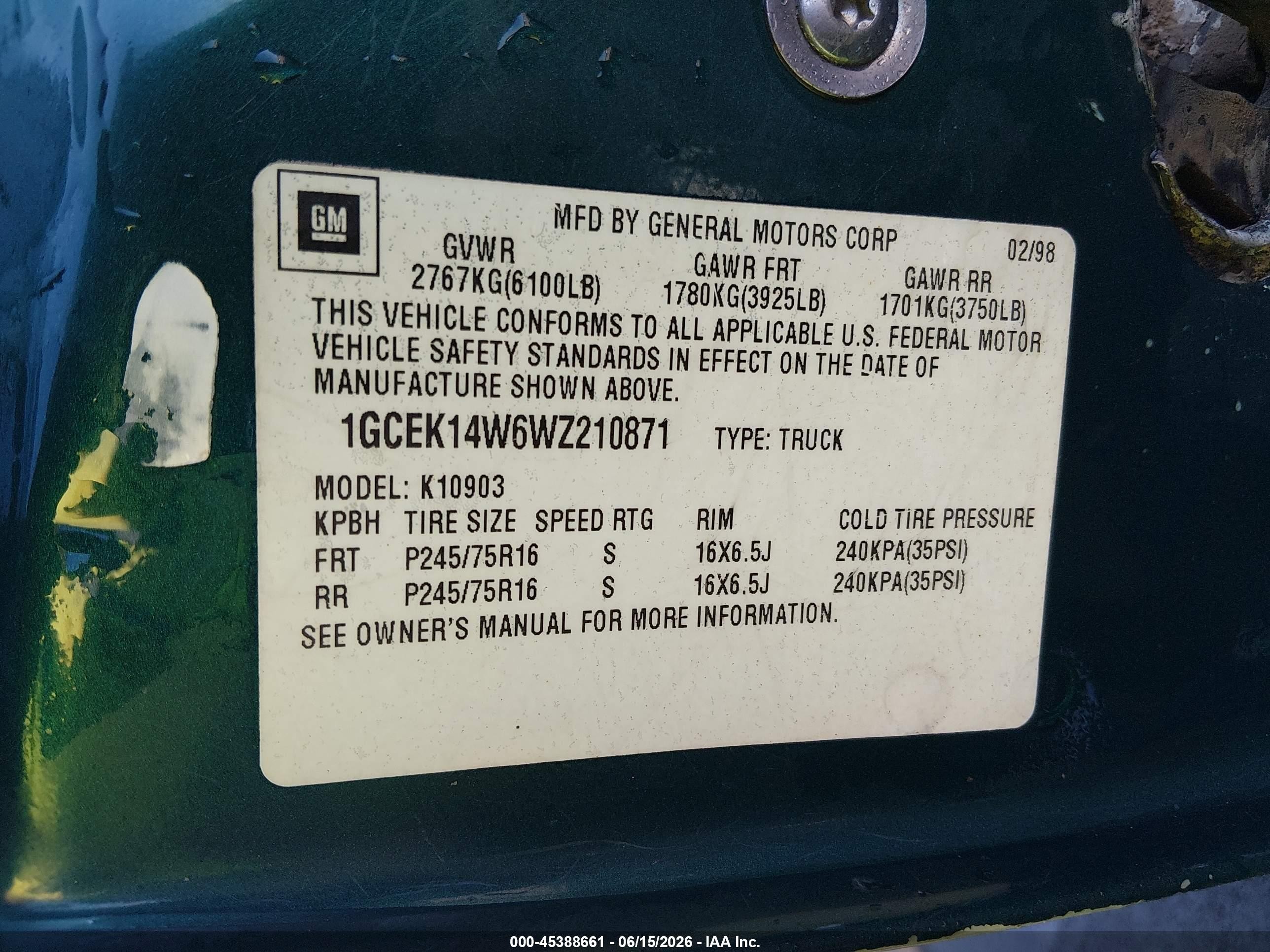 1998 Chevrolet K1500 Fleetside W/t Green vin: 1GCEK14W6WZ210871