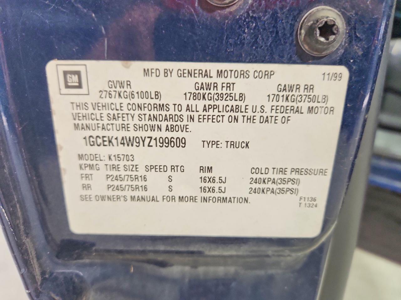 2000 Chevrolet Silverado K1500 Blue vin: 1GCEK14W9YZ199609