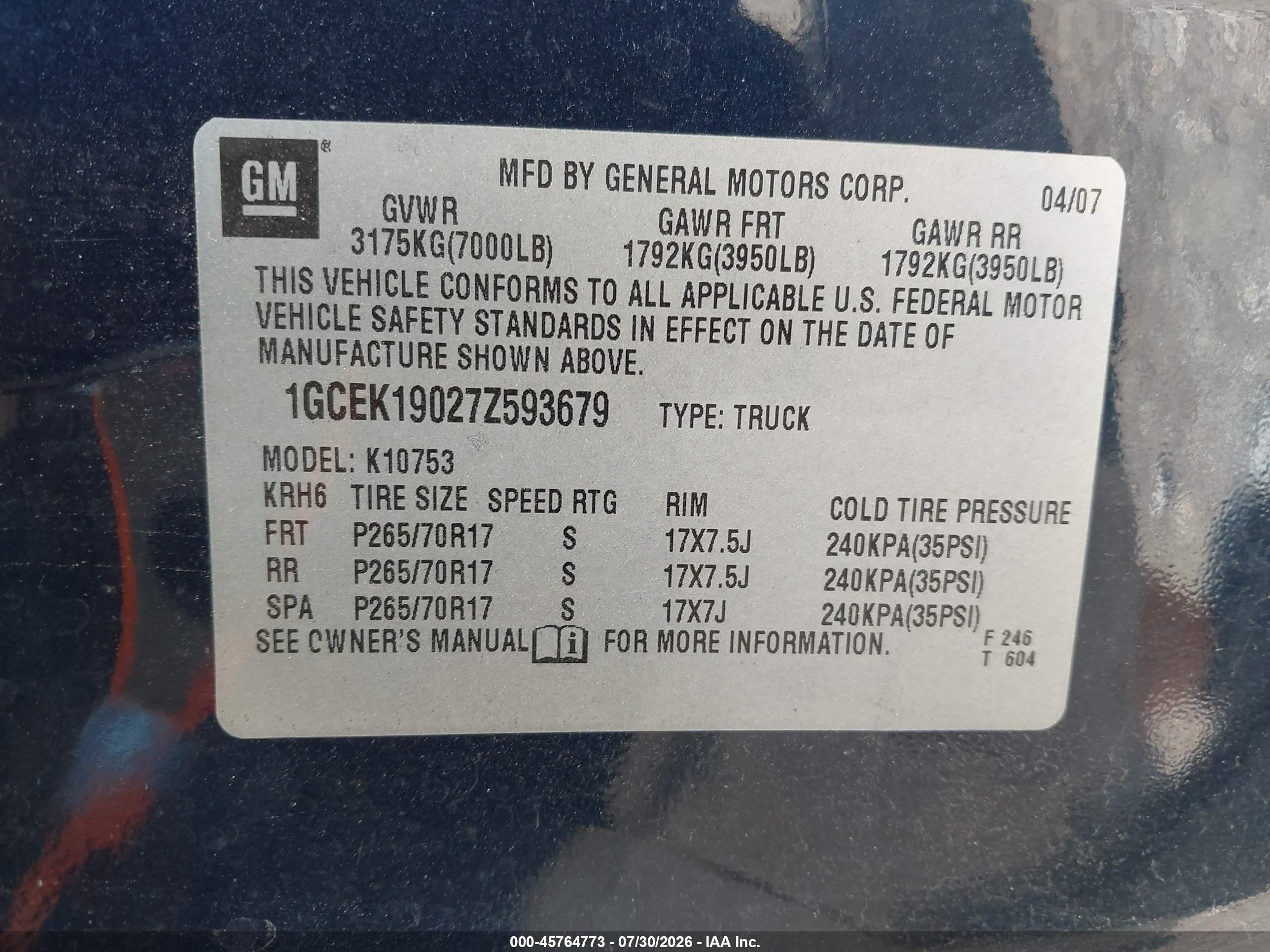 2007 Chevrolet Silverado 1500 Lt1 Blue vin: 1GCEK19027Z593679