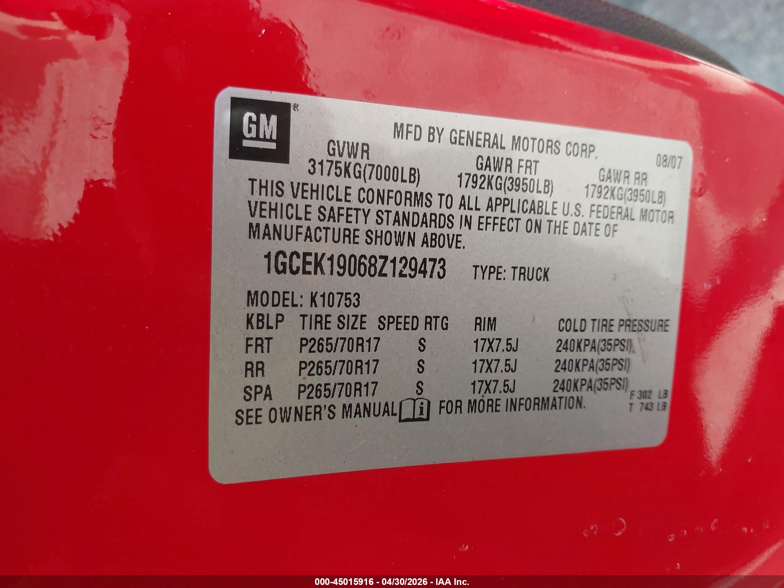 2008 Chevrolet Silverado 1500 Ltz Red vin: 1GCEK19068Z129473
