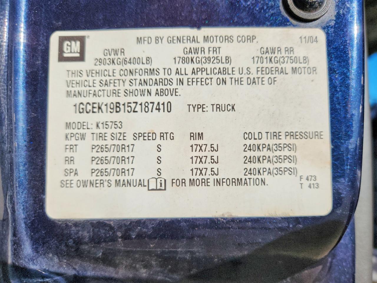 2005 Chevrolet Silverado K1500 Blue vin: 1GCEK19B15Z187410
