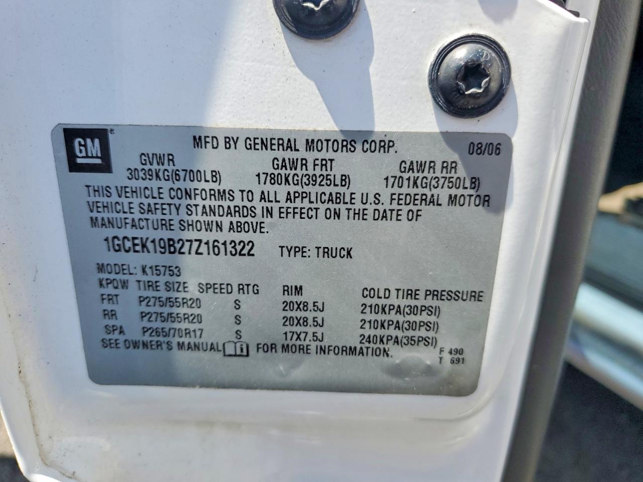 2007 Chevrolet Silverado White vin: 1GCEK19B27Z161322