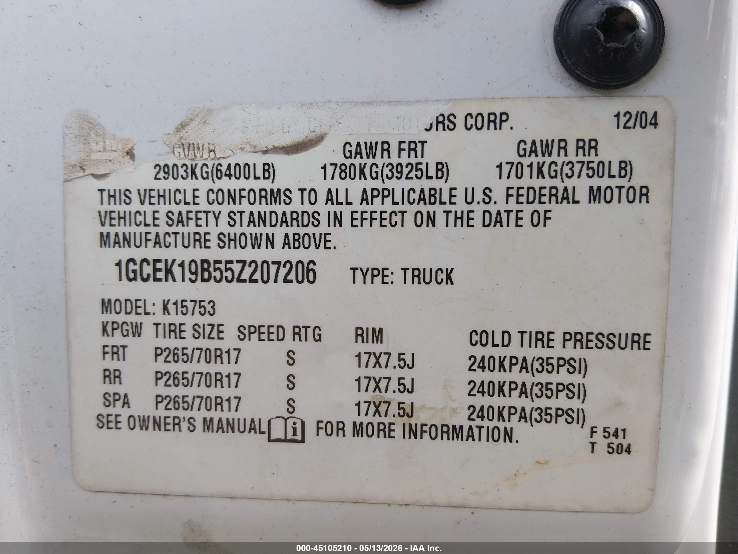 2005 Chevrolet Silverado 1500   White vin: 1GCEK19B55Z207206
