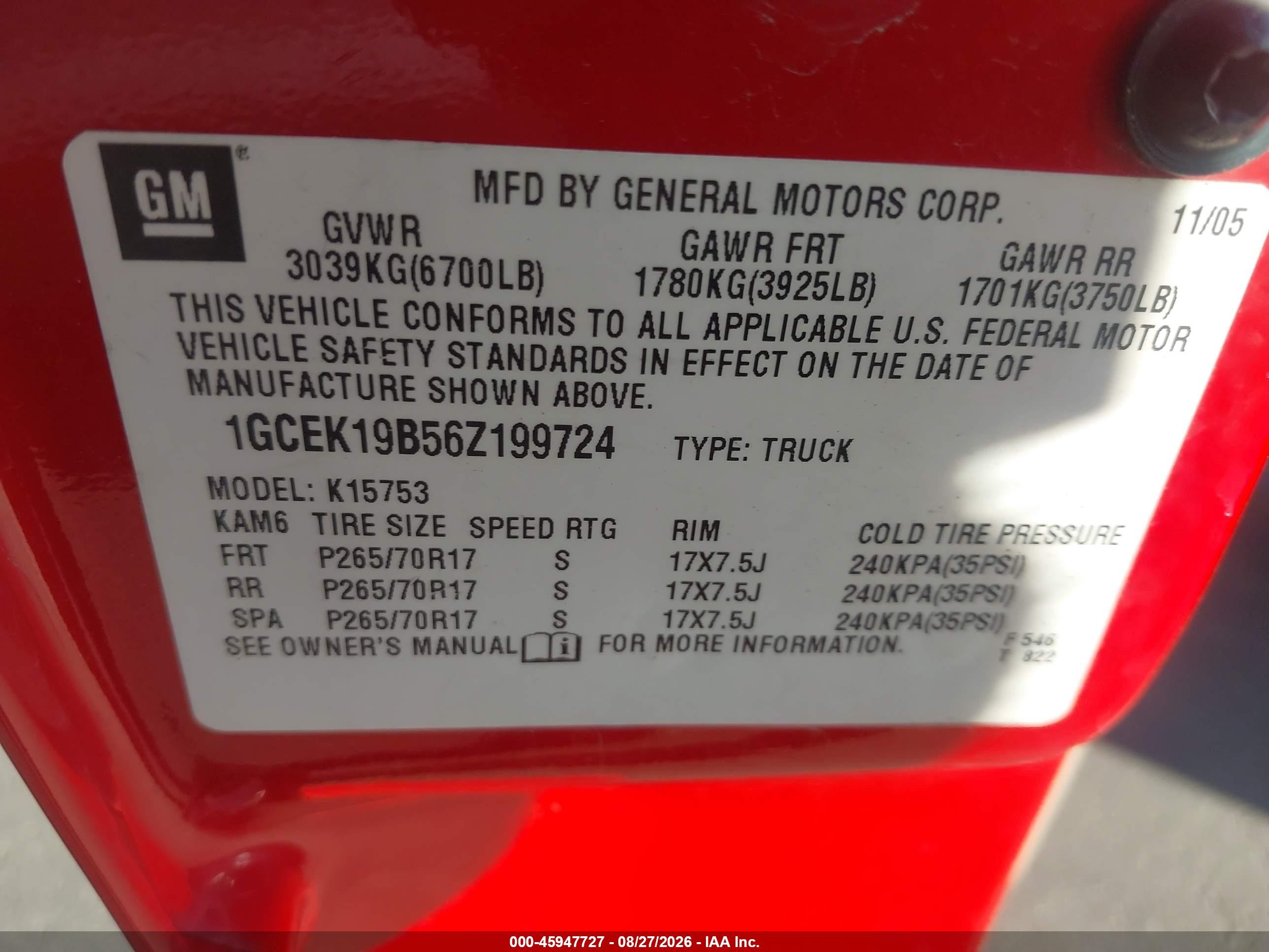 2006 Chevrolet Silverado 1500 Lt2 Red vin: 1GCEK19B56Z199724