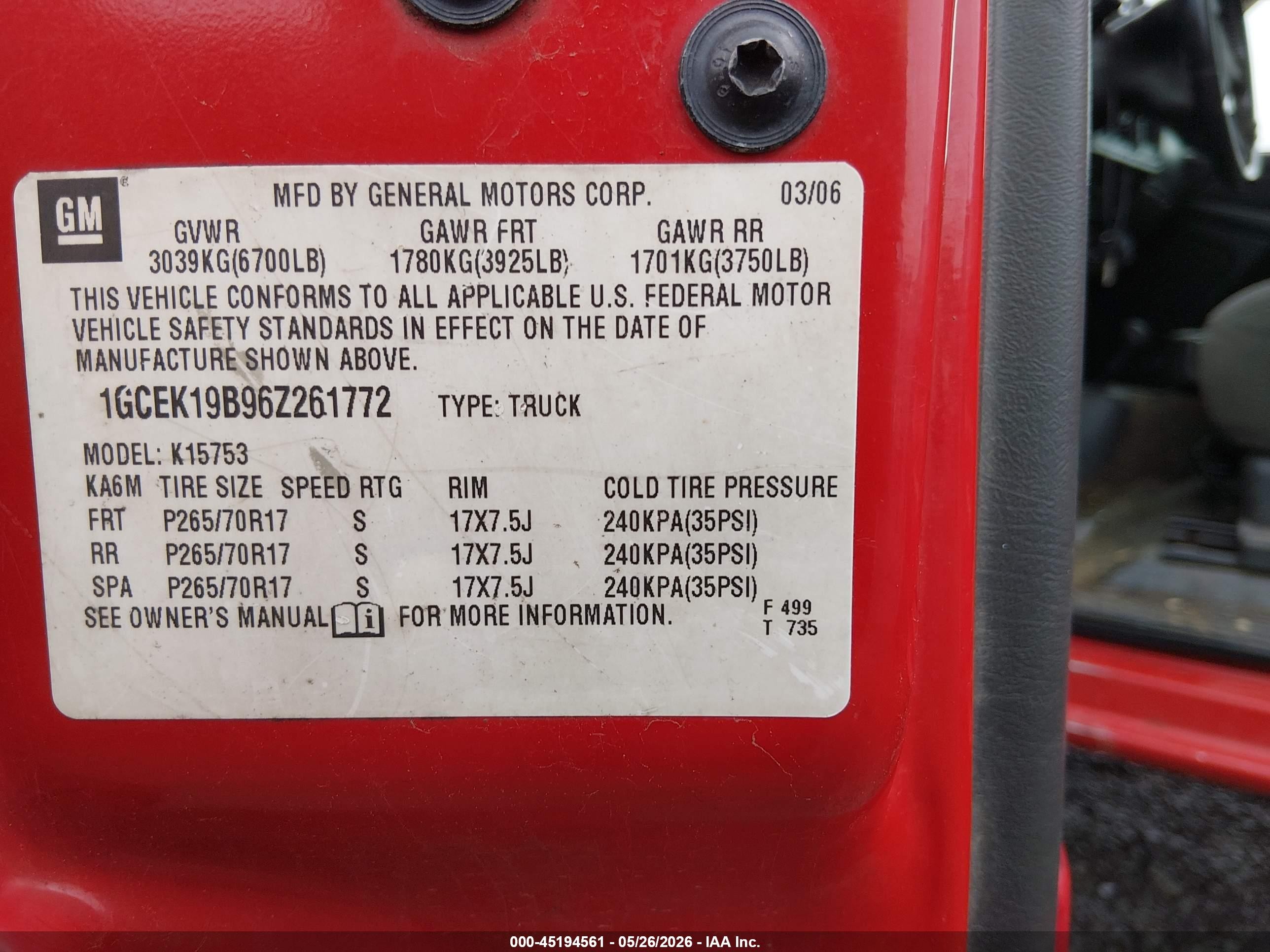 2006 Chevrolet Silverado 1500 Lt1 Red vin: 1GCEK19B96Z261772
