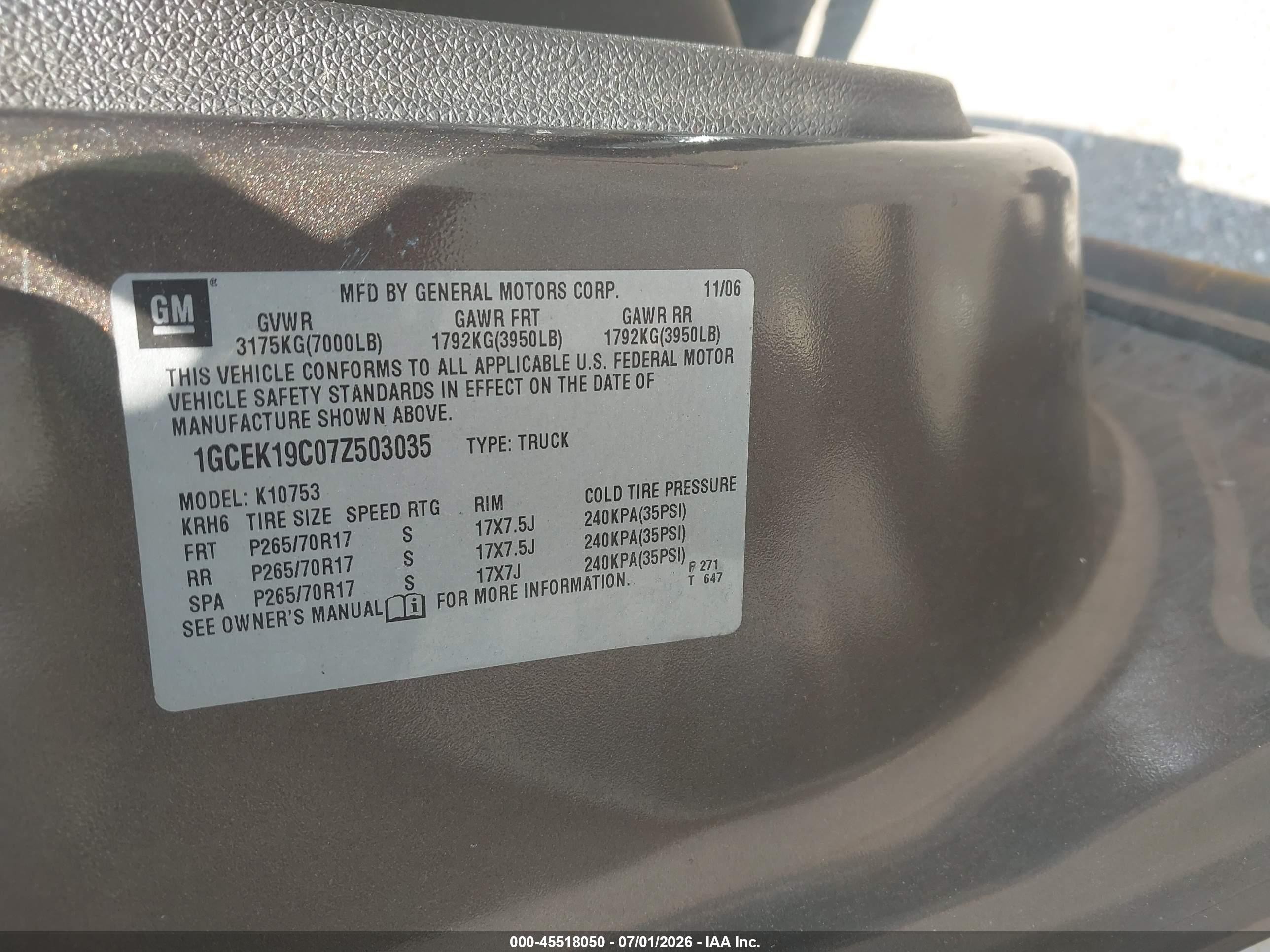 2007 Chevrolet Silverado 1500 Lt1 Brown vin: 1GCEK19C07Z503035