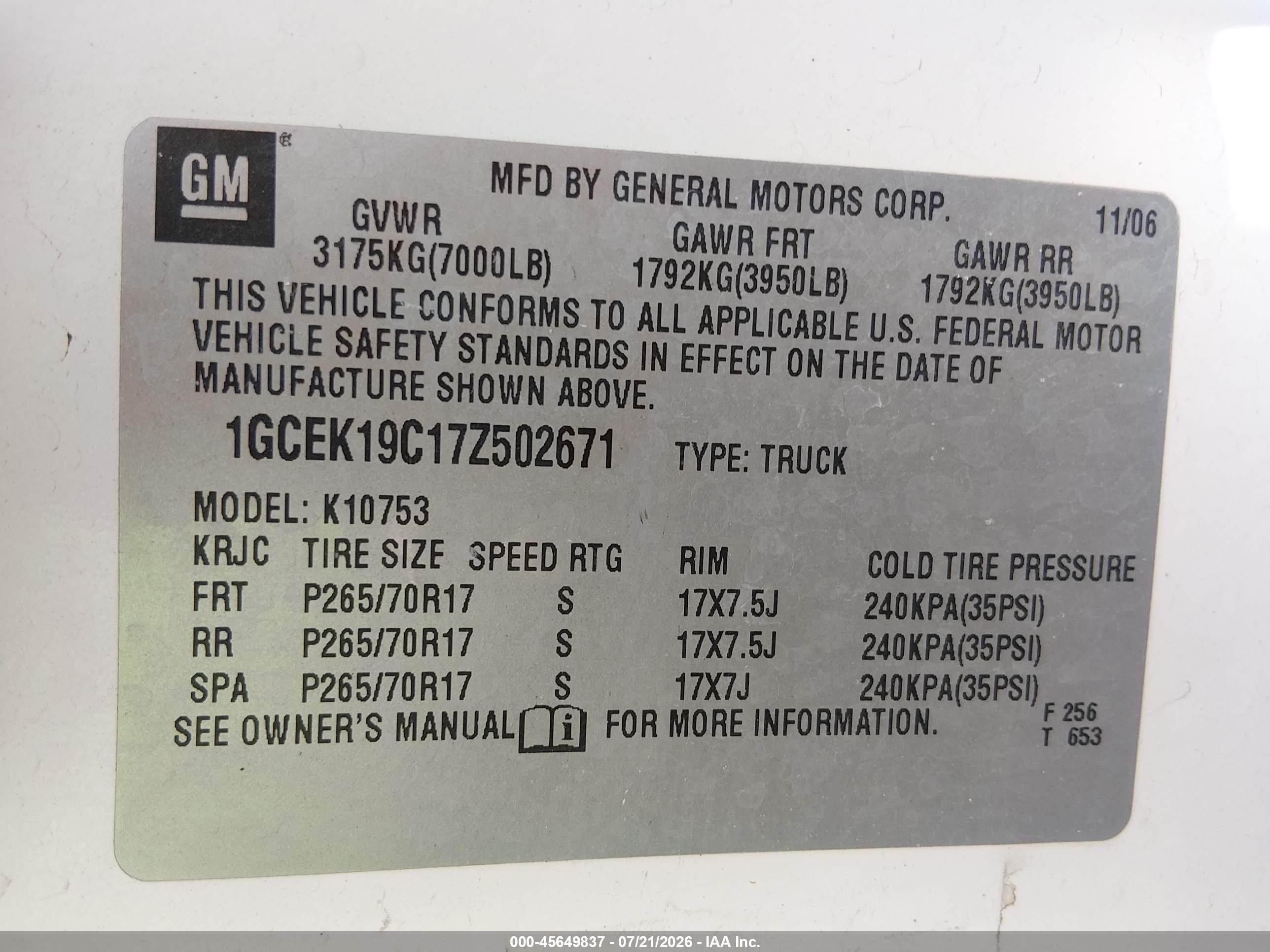 2007 Chevrolet Silverado 1500 Lt1 White vin: 1GCEK19C17Z502671