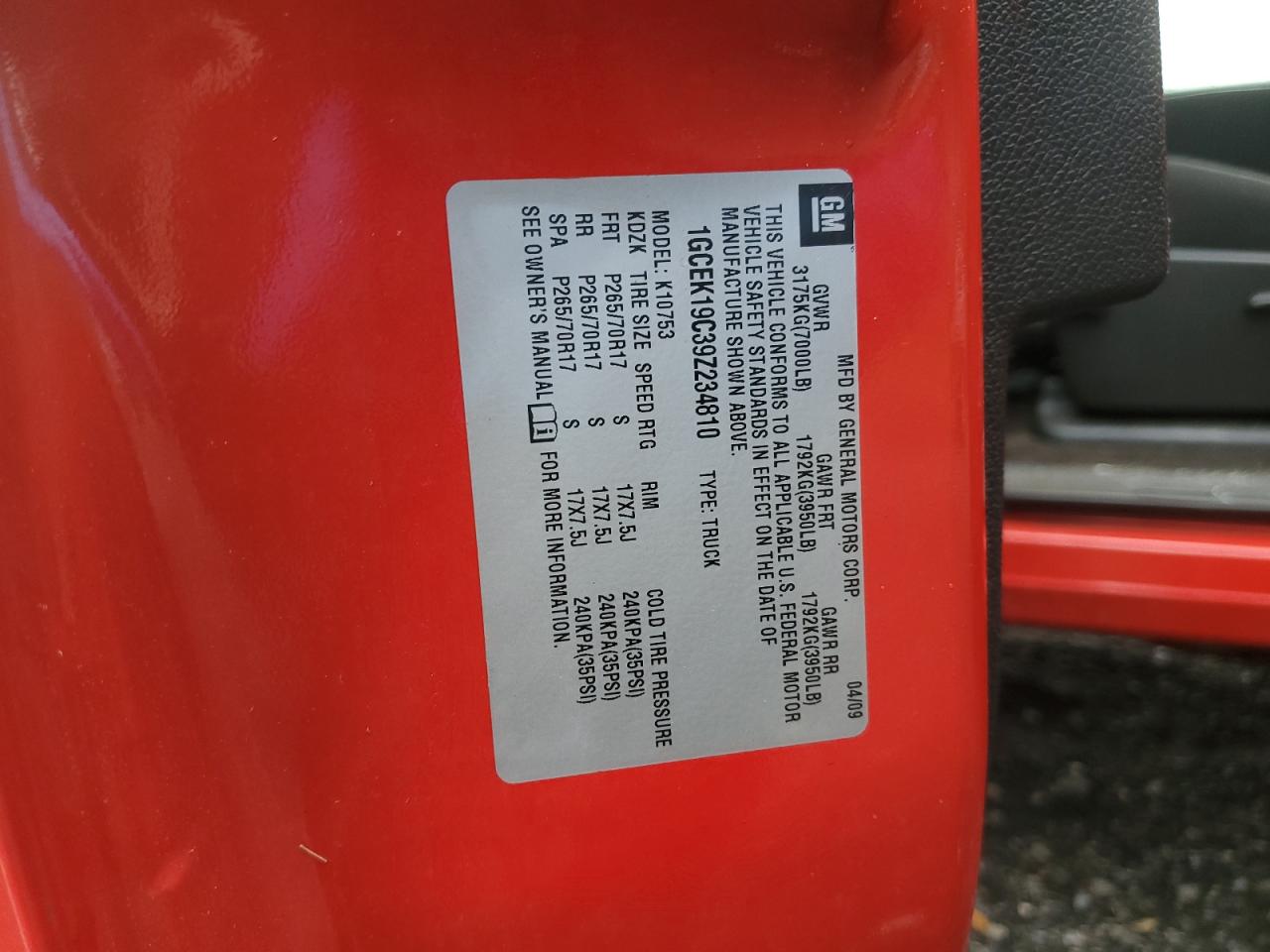 2009 Chevrolet Silverado K1500 Red vin: 1GCEK19C39Z234810