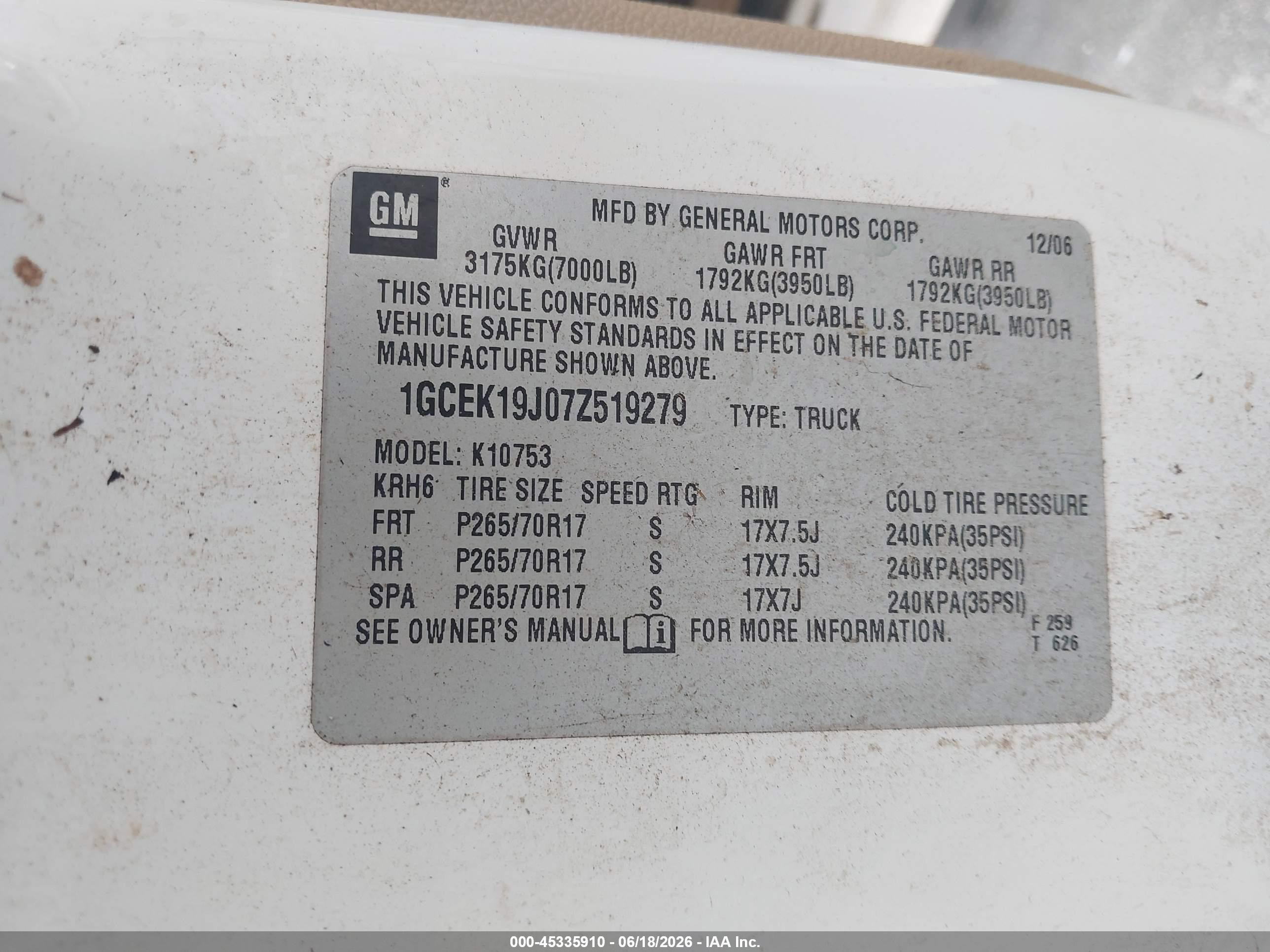 2007 Chevrolet Silverado 1500 Lt1 Белый vin: 1GCEK19J07Z519279
