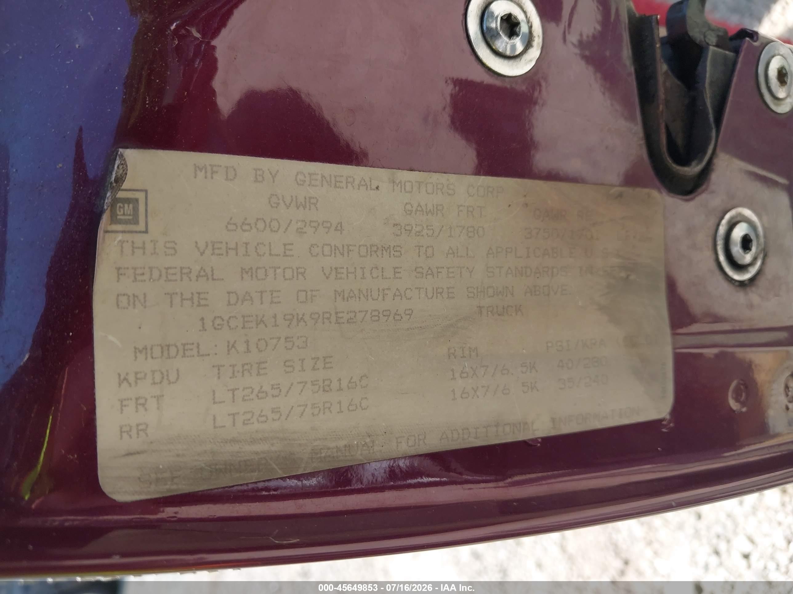 1994 Chevrolet Gmt-400 K1500 Maroon vin: 1GCEK19K9RE278969