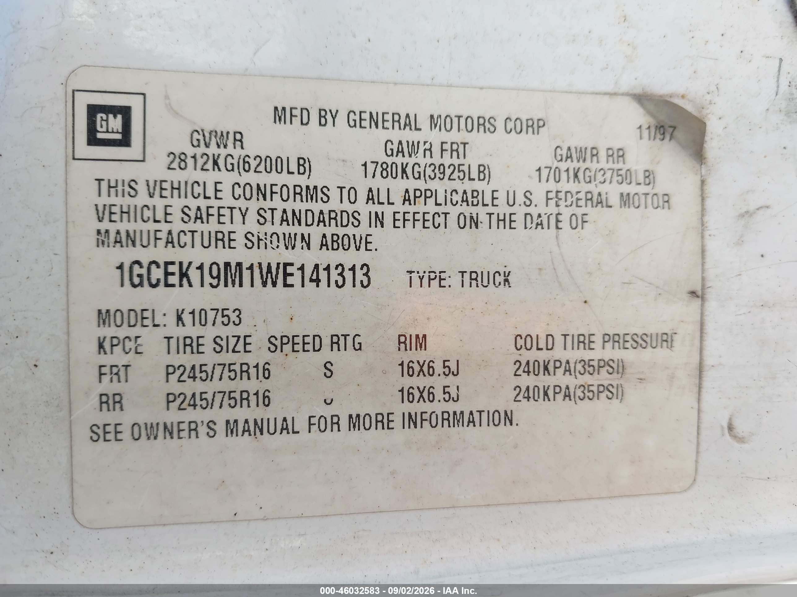 1998 Chevrolet K1500 Fleetside White vin: 1GCEK19M1WE141313