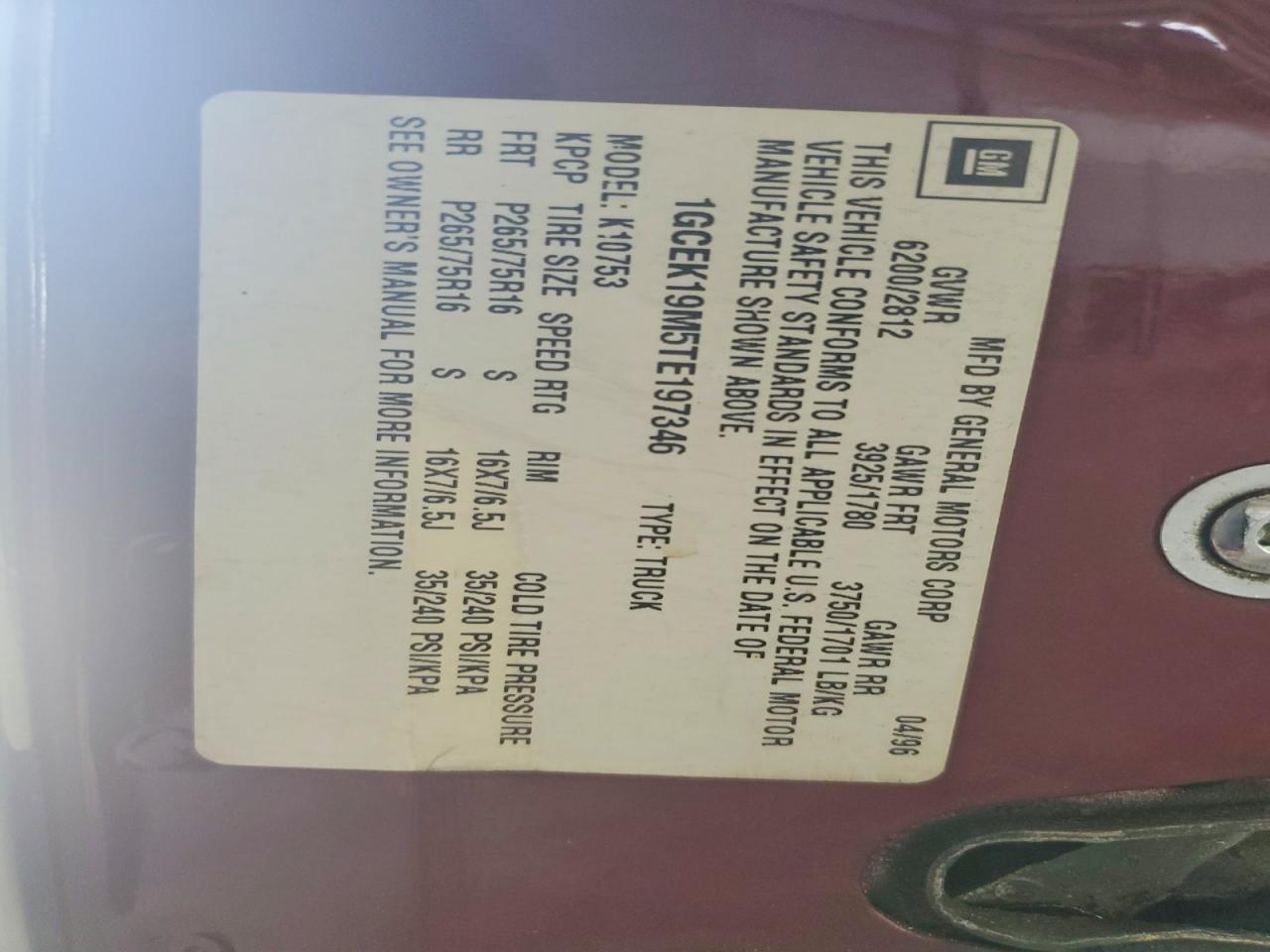 1996 Chevrolet Gmt-400 K1500 Burgundy vin: 1GCEK19M5TE197346