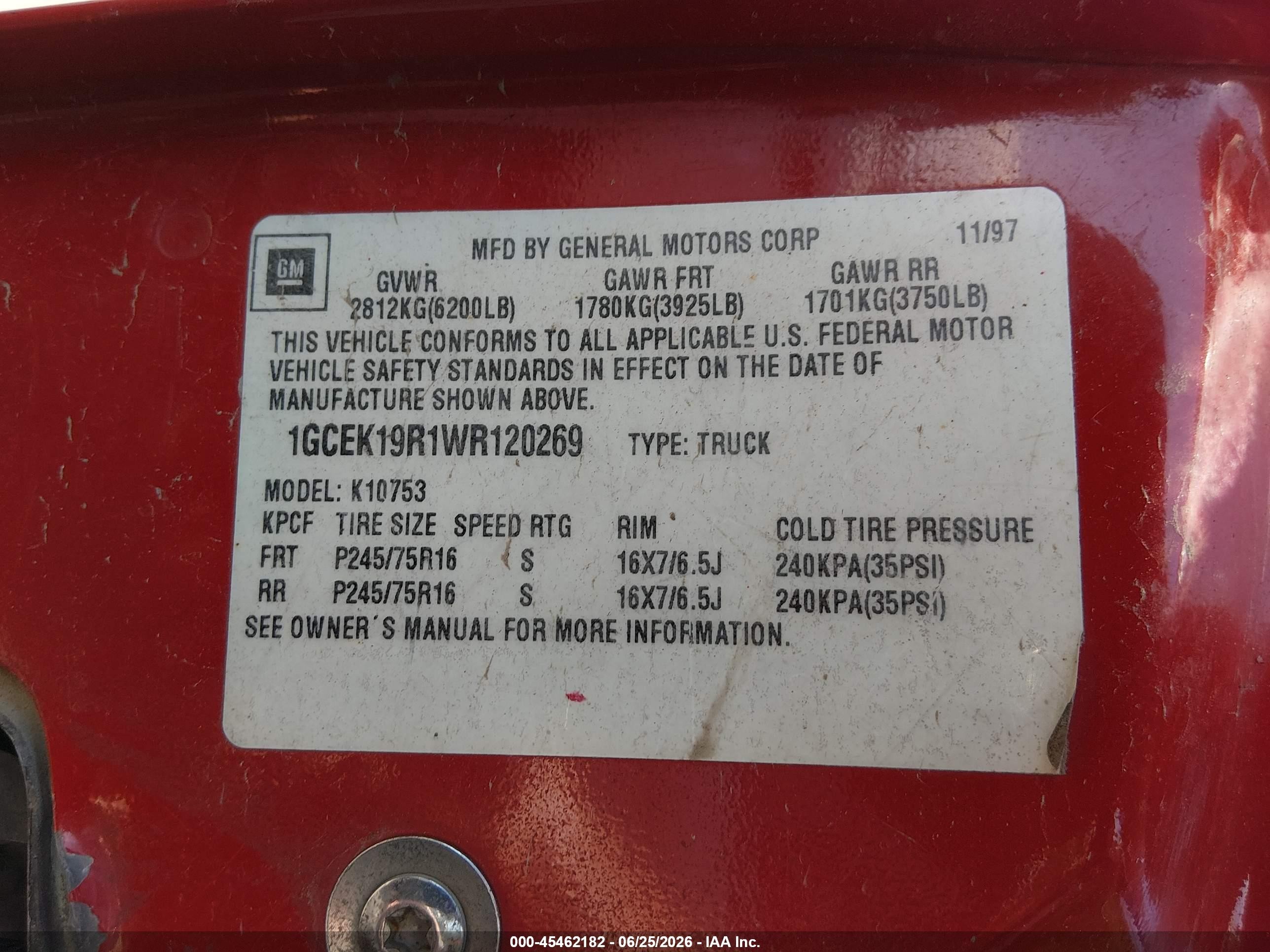 1998 Chevrolet C/k 1500 Fleetside Red vin: 1GCEK19R1WR120269