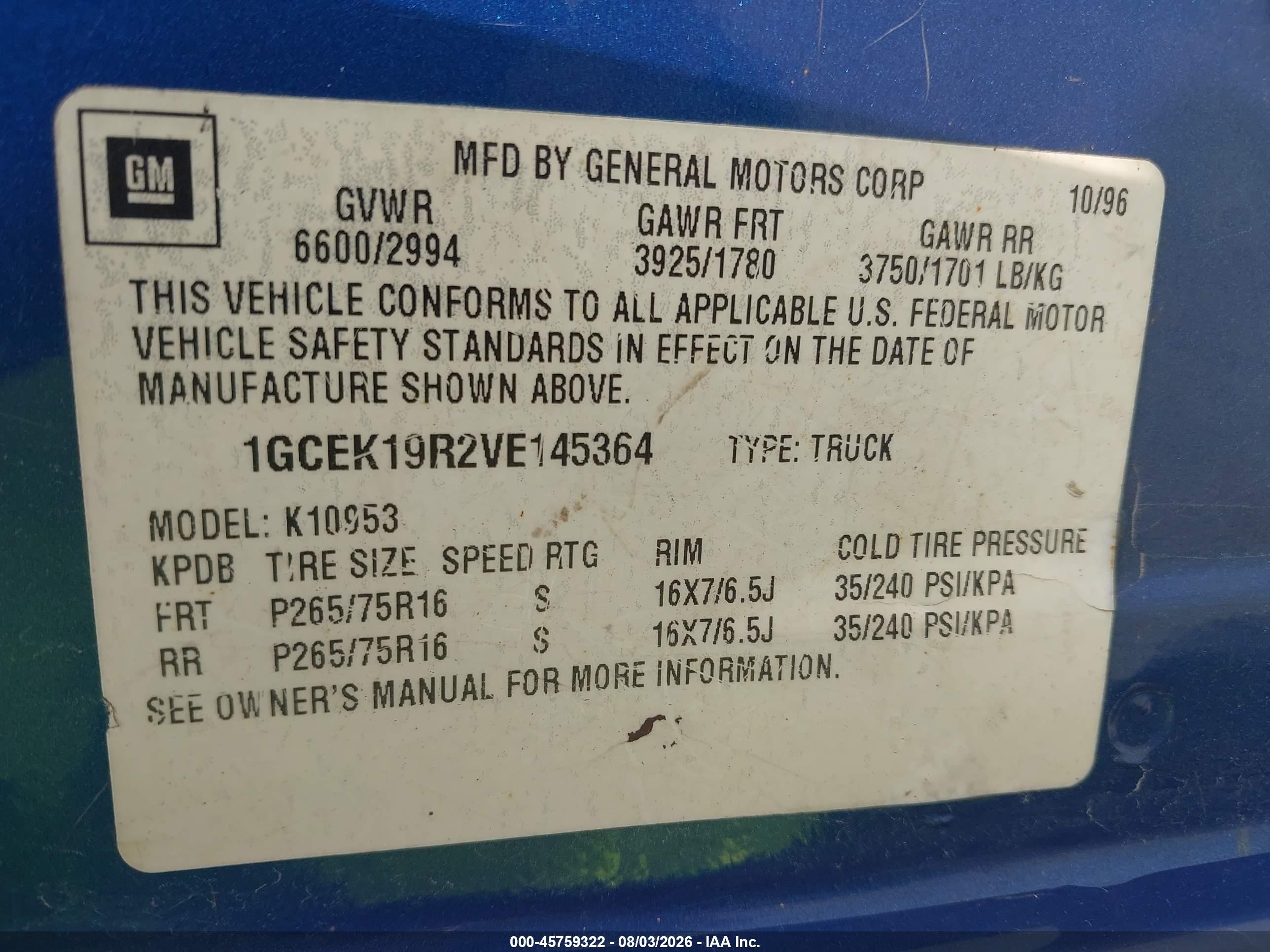 1997 Chevrolet C/k 1500 Fleetside Blue vin: 1GCEK19R2VE145364