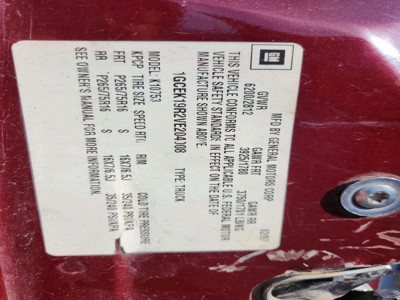 1997 Chevrolet Gmt-400 K1500 Burgundy vin: 1GCEK19R2VE204008