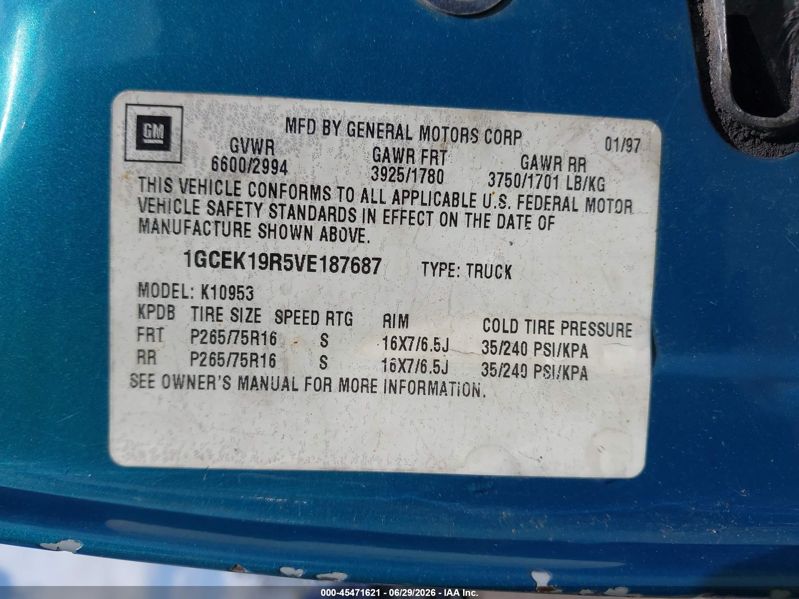 1997 Chevrolet K1500 Fleetside Blue vin: 1GCEK19R5VE187687