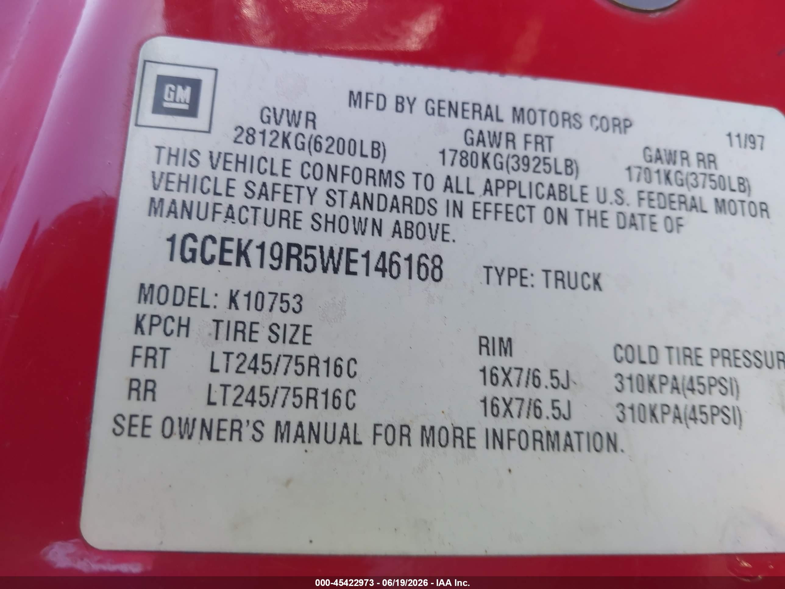 1998 Chevrolet C/k 1500 Fleetside Red vin: 1GCEK19R5WE146168
