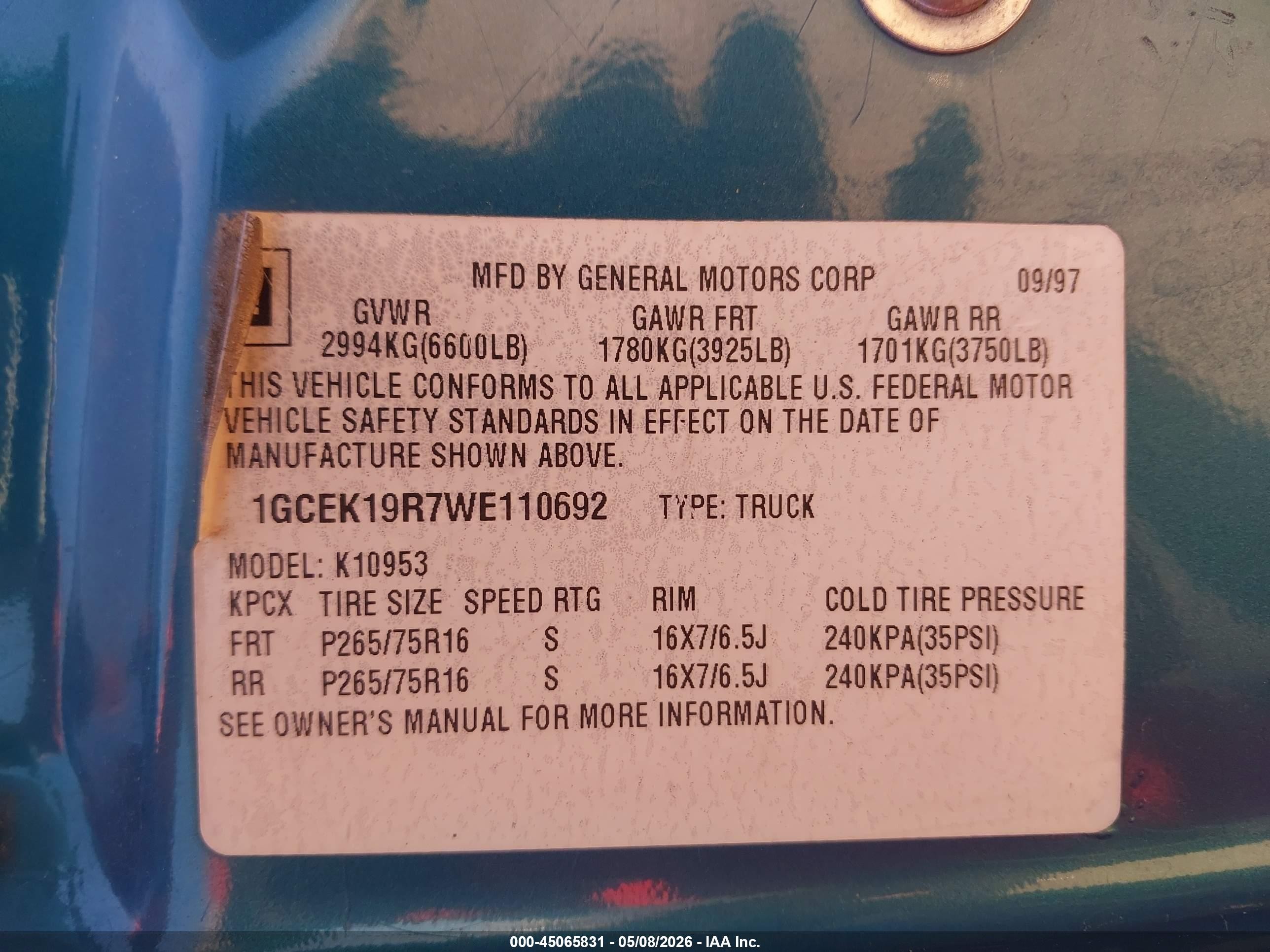 1998 Chevrolet C/k 1500 Silverado Fleetside Blue vin: 1GCEK19R7WE110692