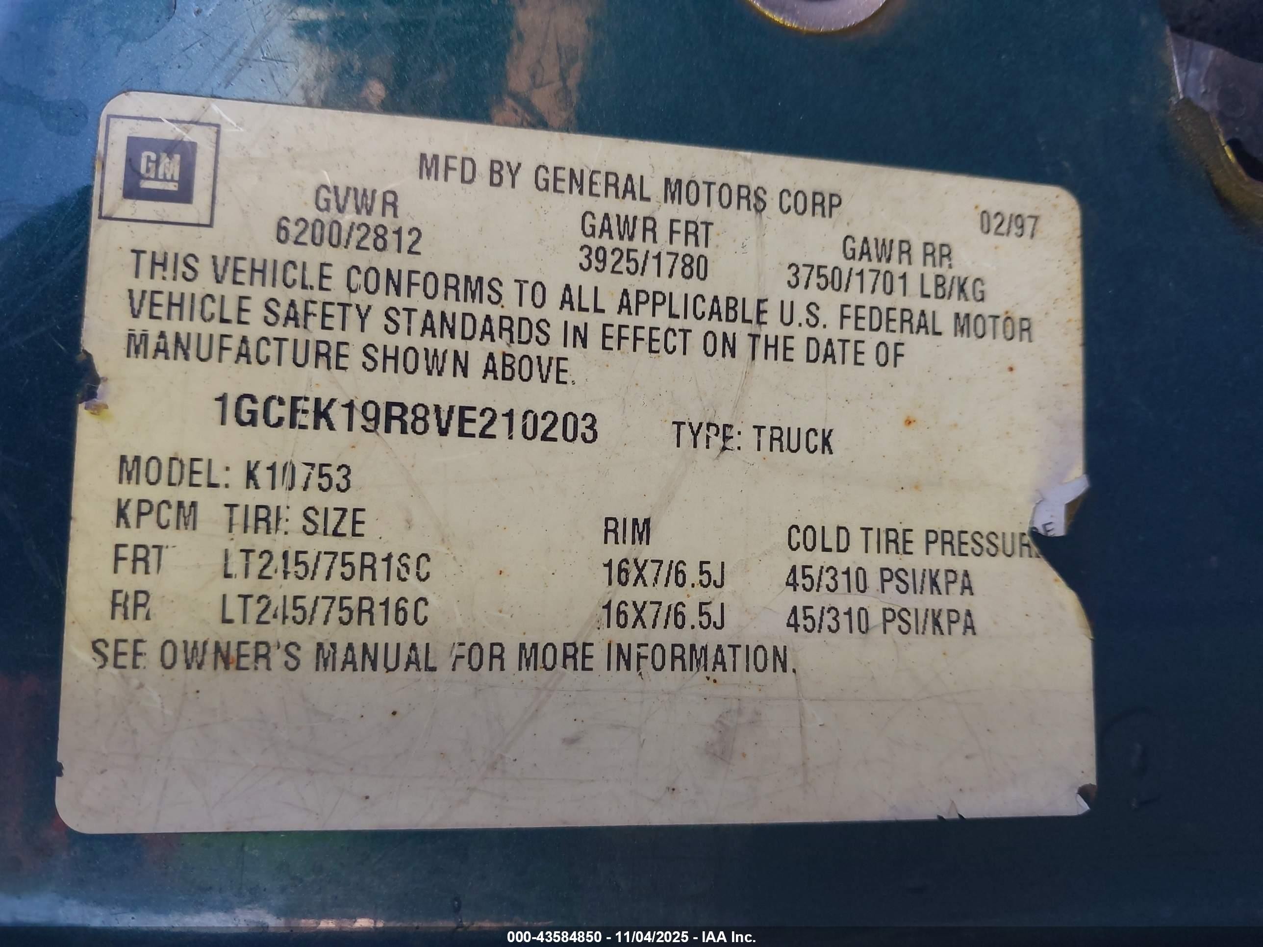 1997 Chevrolet K1500 Fleetside Green vin: 1GCEK19R8VE210203