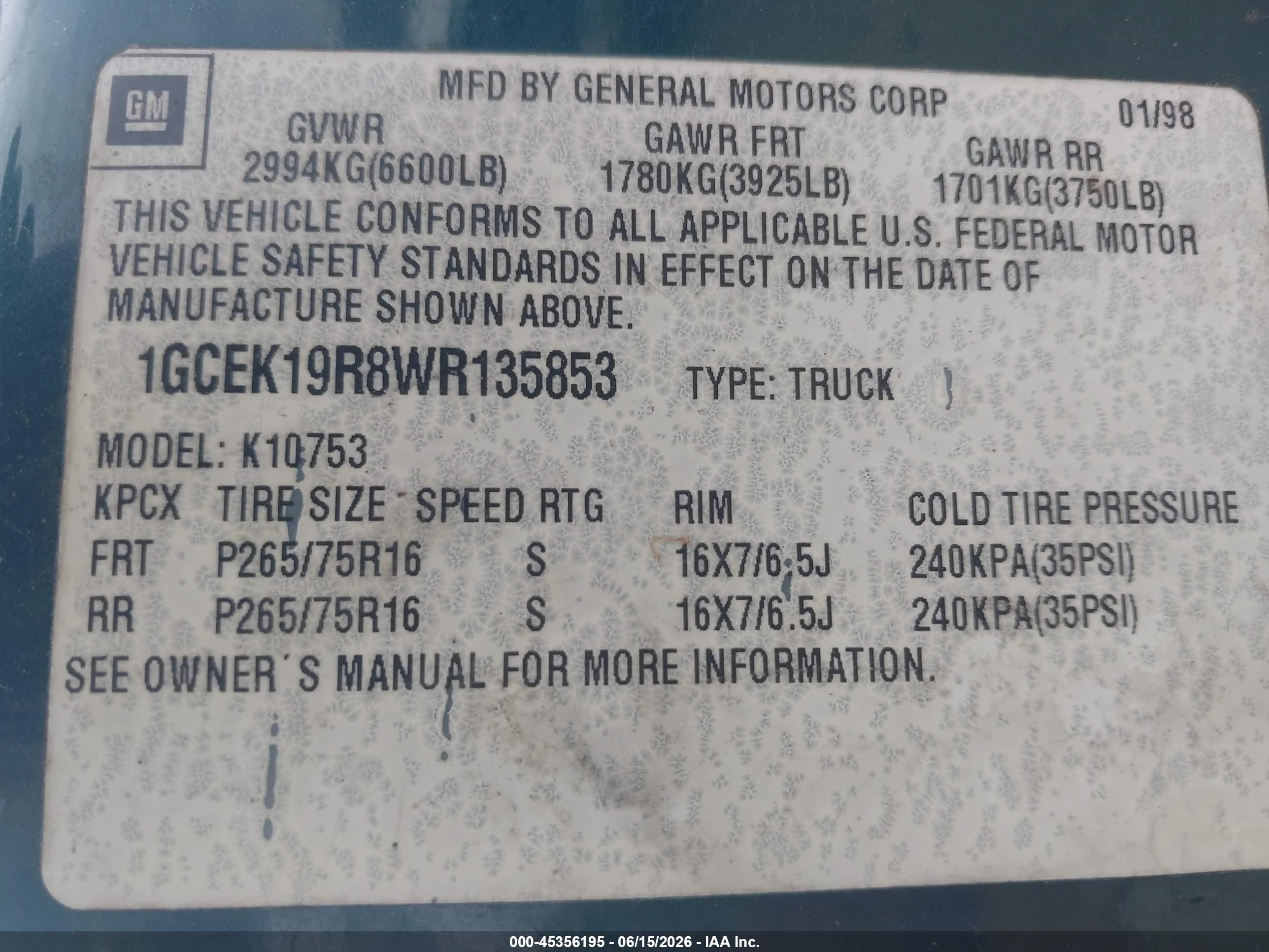 1998 Chevrolet C/k 1500 Fleetside Green vin: 1GCEK19R8WR135853