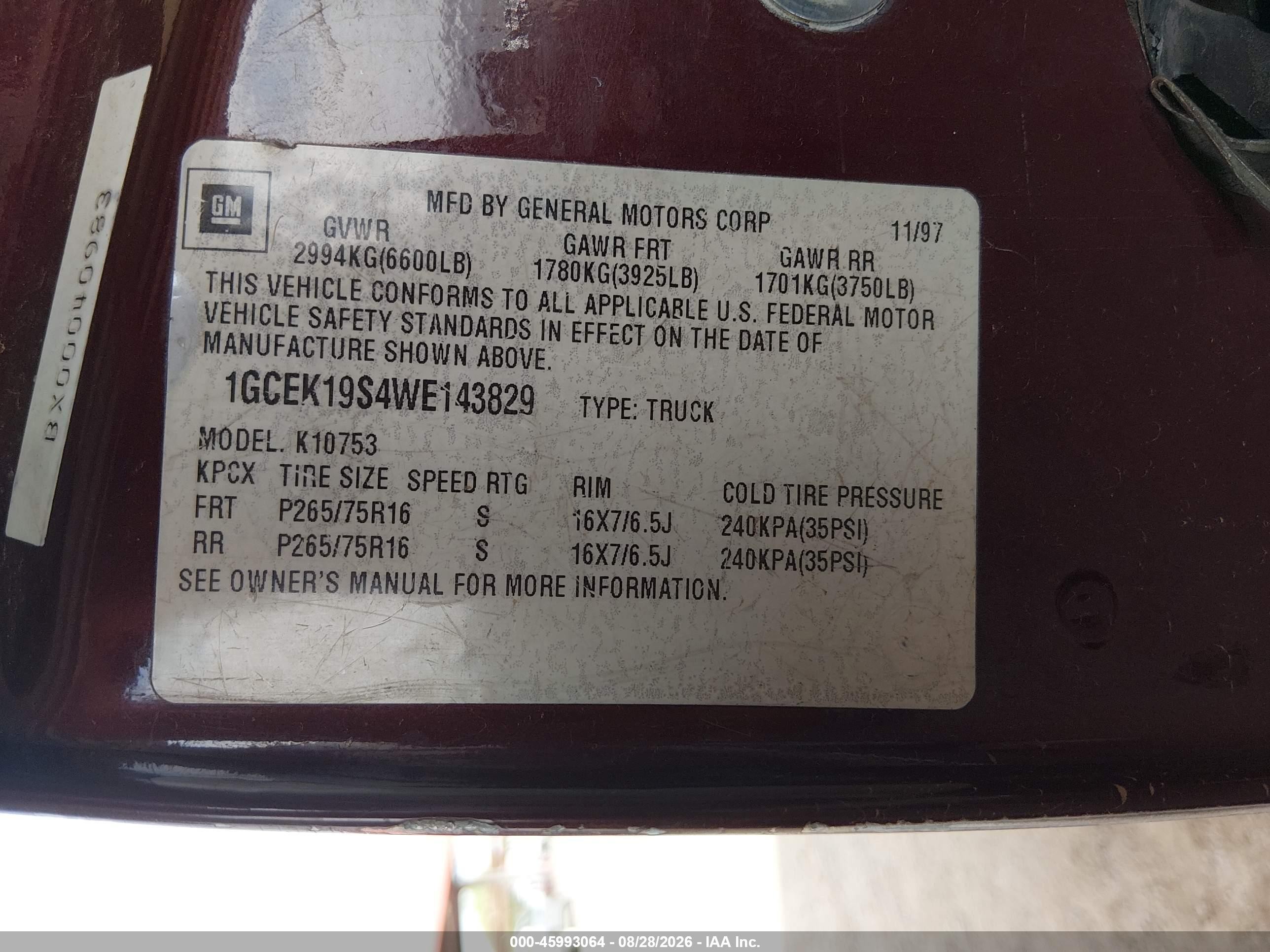 1998 Chevrolet C/k 1500 Fleetside Red vin: 1GCEK19S4WE143829