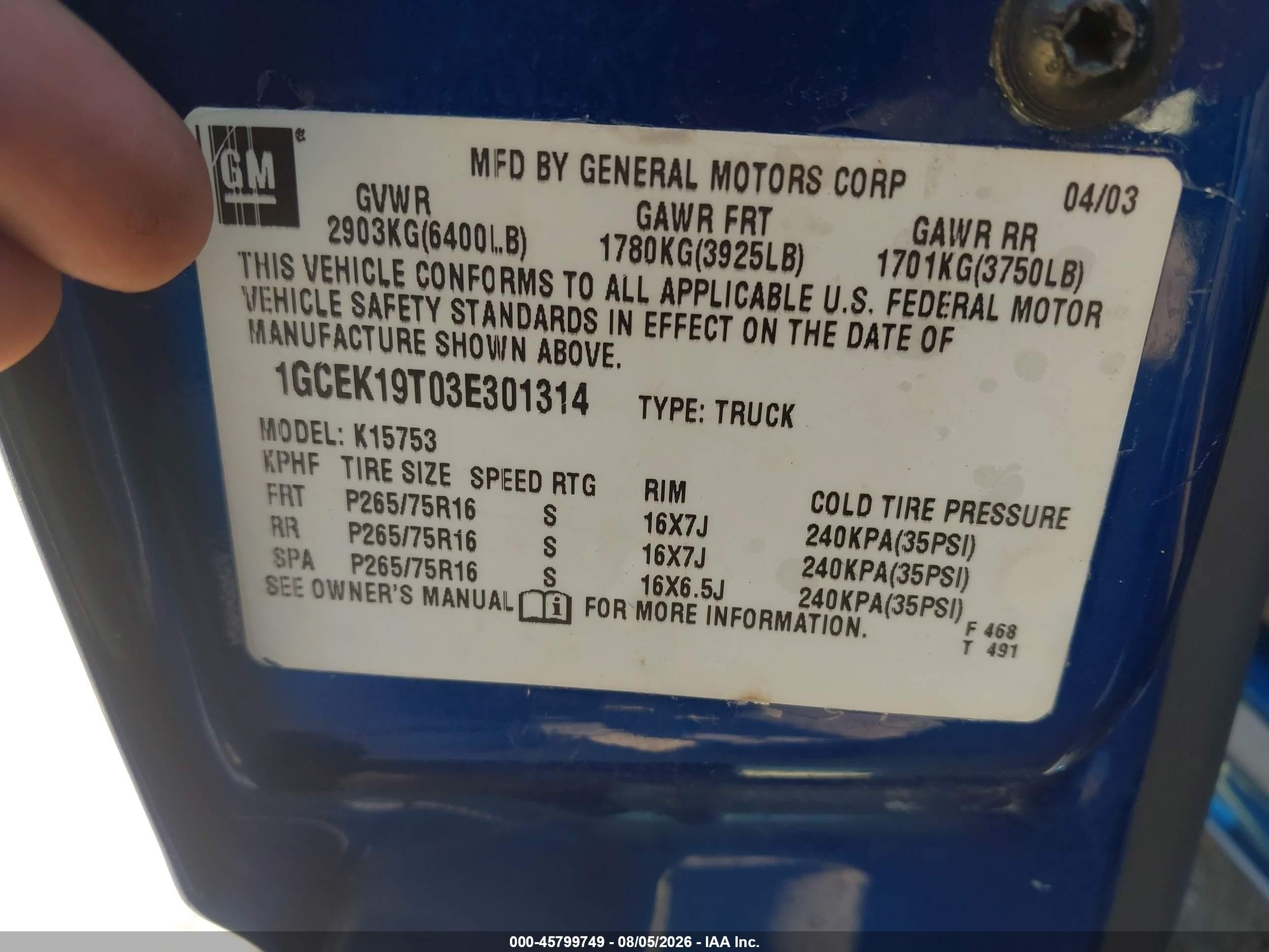 2003 Chevrolet Silverado 1500 Ls Blue vin: 1GCEK19T03E301314