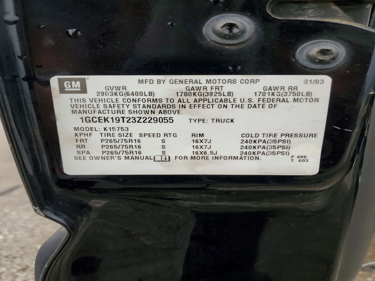 2003 Chevrolet Silverado K1500 Black vin: 1GCEK19T23Z229055