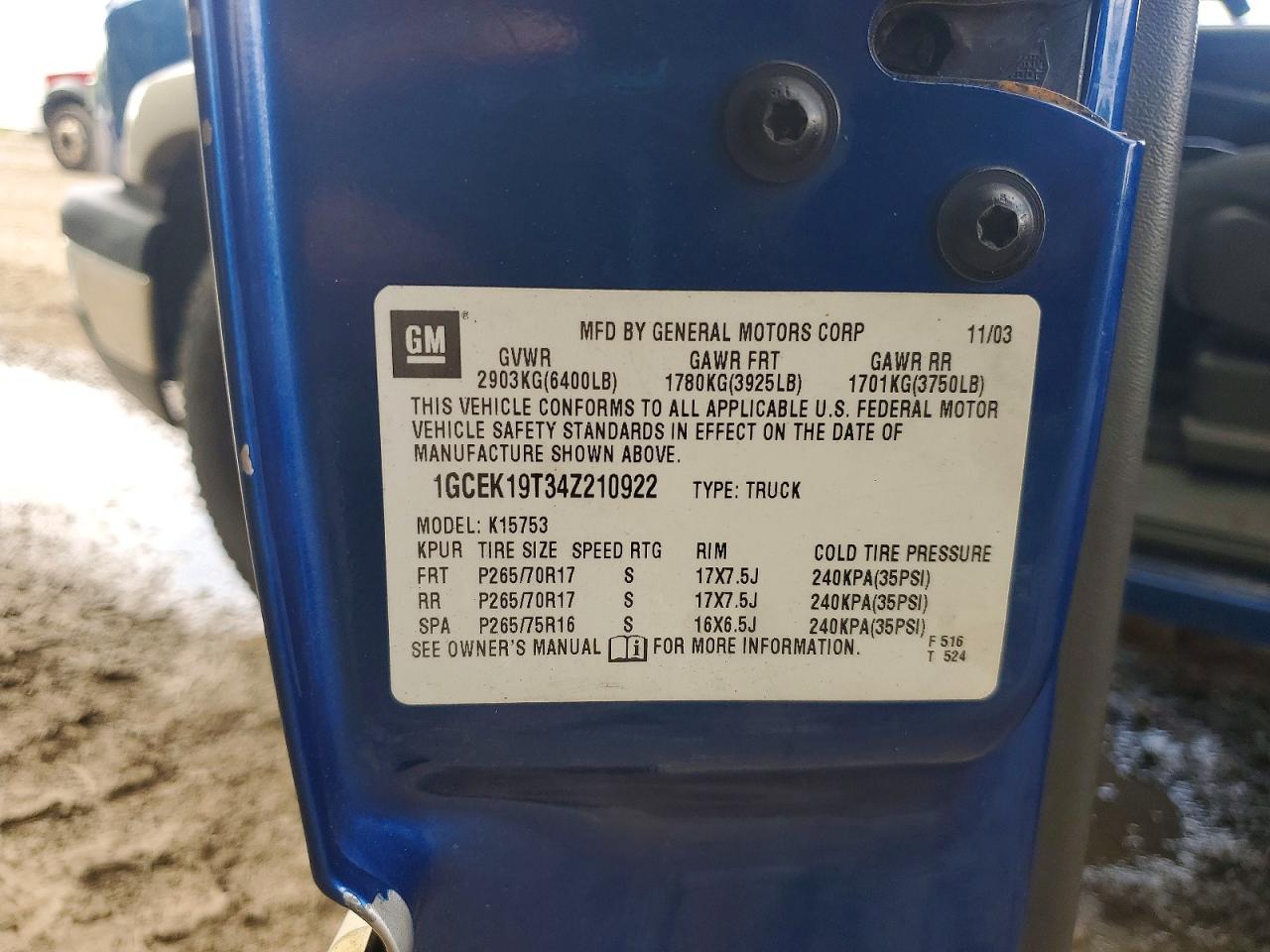 2004 Chevrolet Silverado K1500 Blue vin: 1GCEK19T34Z210922