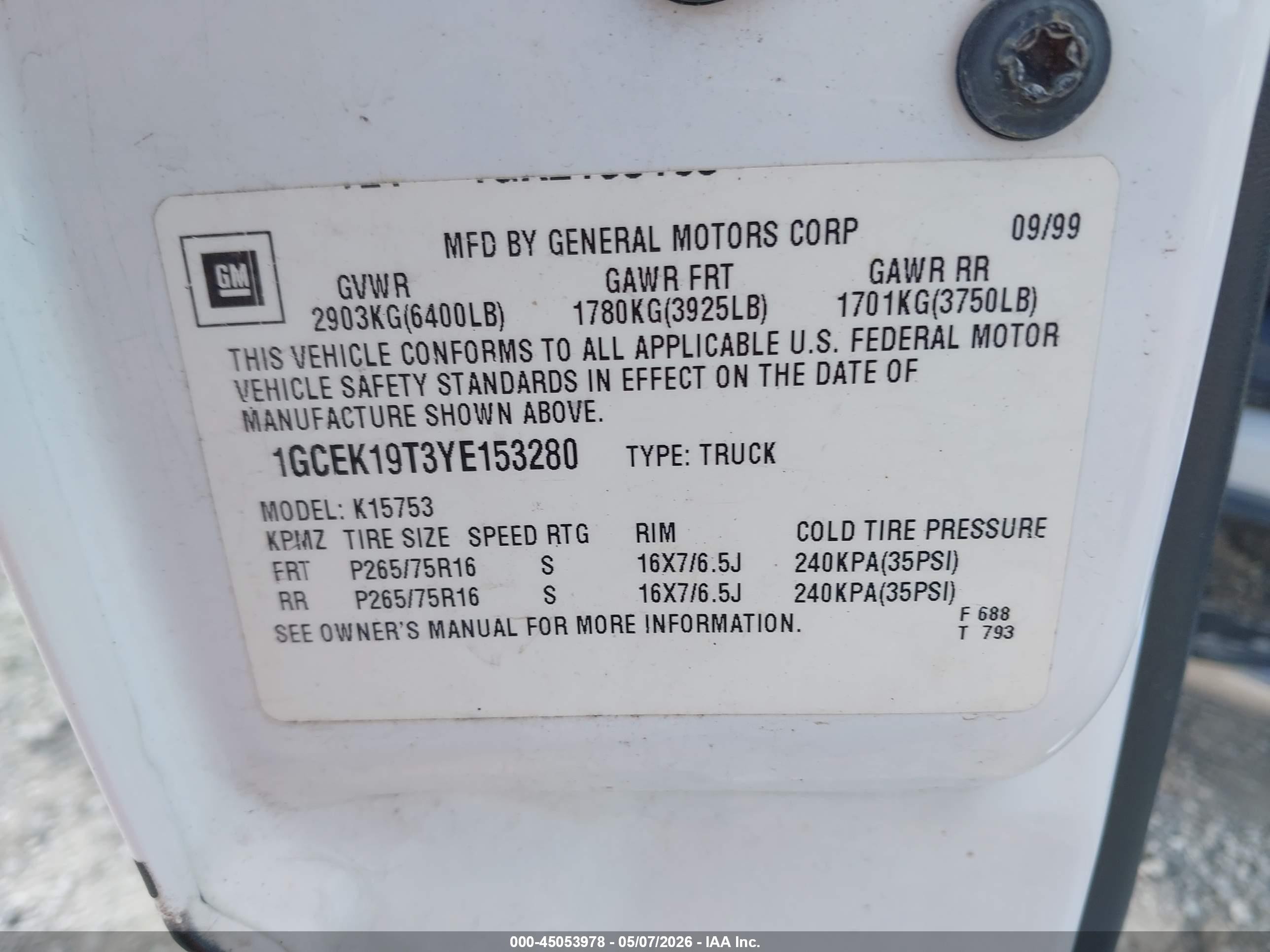 2000 Chevrolet Silverado 1500 Lt White vin: 1GCEK19T3YE153280