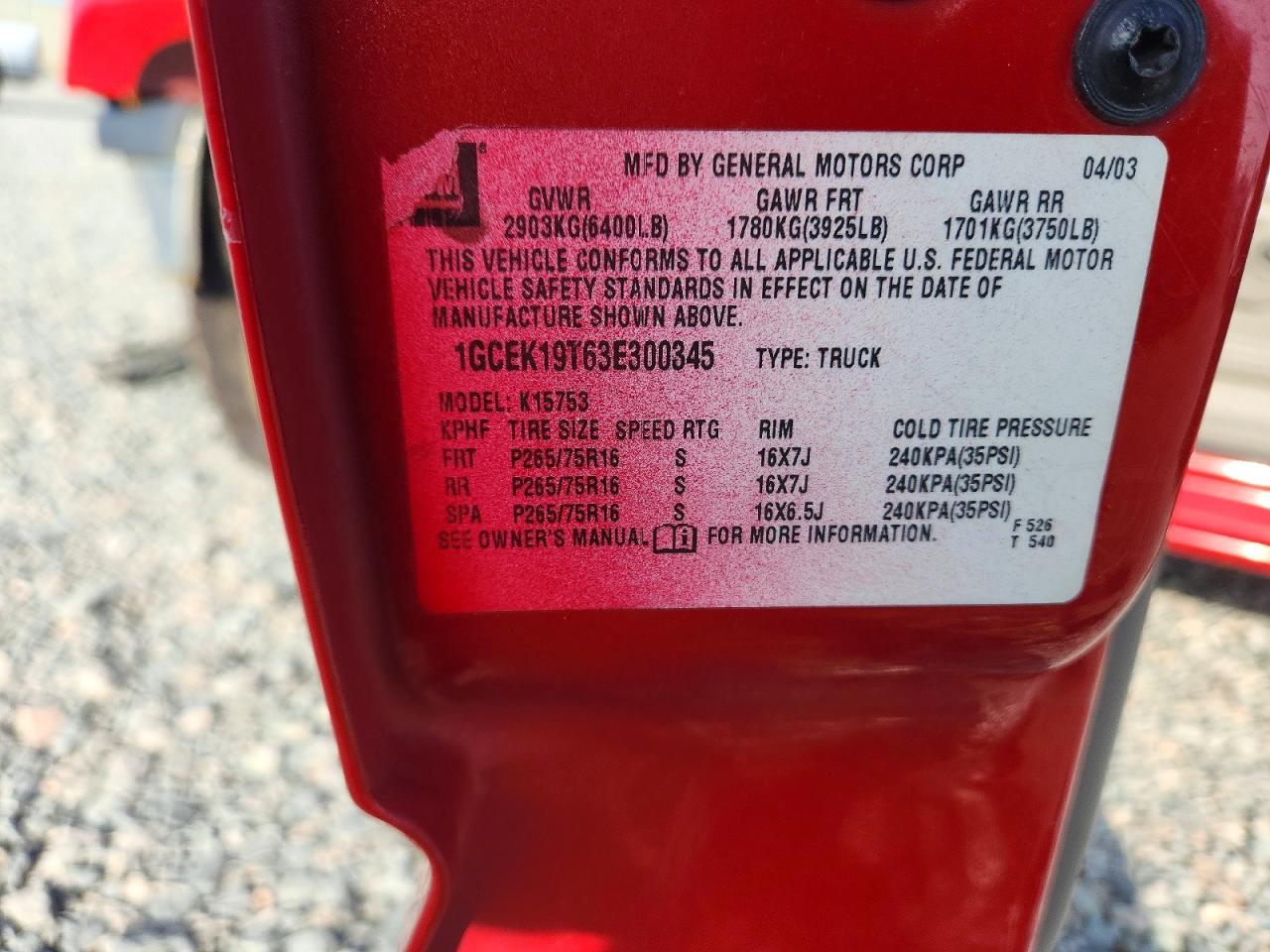 2003 Chevrolet Silverado K1500 Red vin: 1GCEK19T63E300345