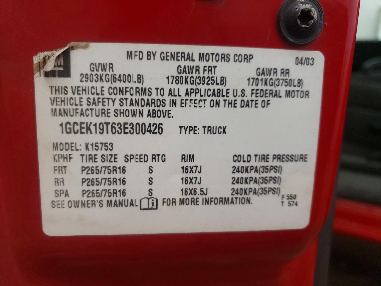 2003 Chevrolet Silverado K1500 Red vin: 1GCEK19T63E300426