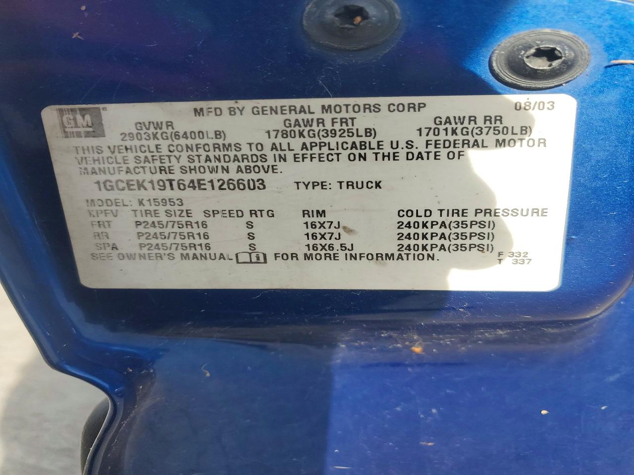 2004 Chevrolet Silverado K1500 Blue vin: 1GCEK19T64E126603